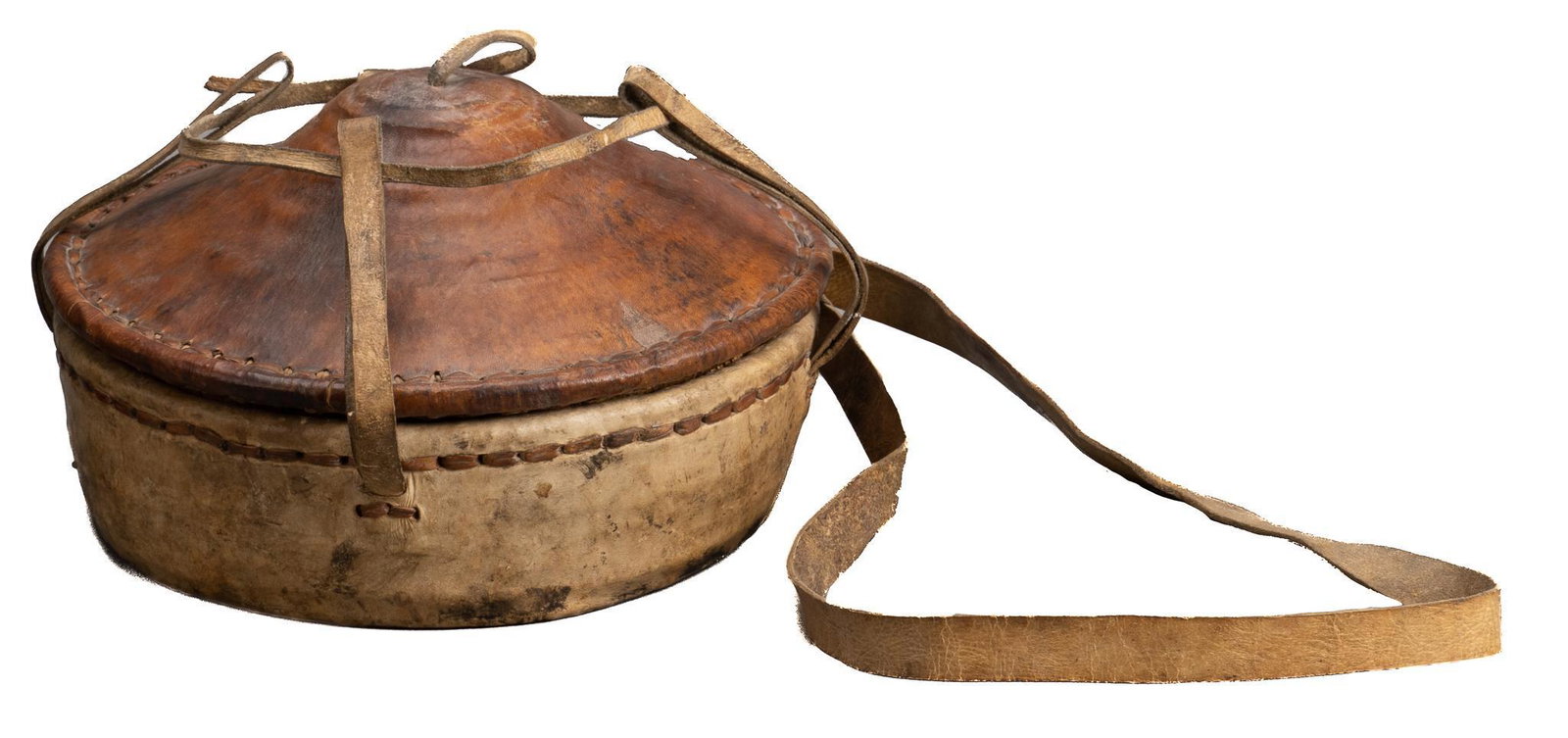 Vintage Agelgil Basket: Vintage Ethiopian Agelgil / food basket, with leather top and basin, lined with woven interior basket, supported with leather straps; includes Certificate of Authenticity: Estate of author Larry McMur