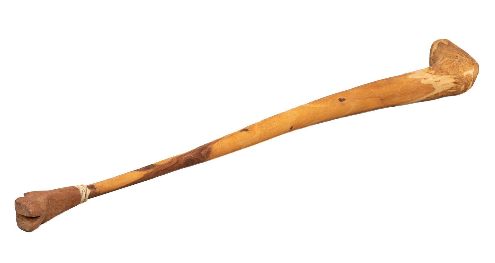 Carved Folk Art Walking Stick: Folk Art walking stick, with organic form handle, tapering into carved deer hoof foot, signed; includes Certificate of Authenticity: Estate of author Larry McMurtry, from his Archer City, Texas home