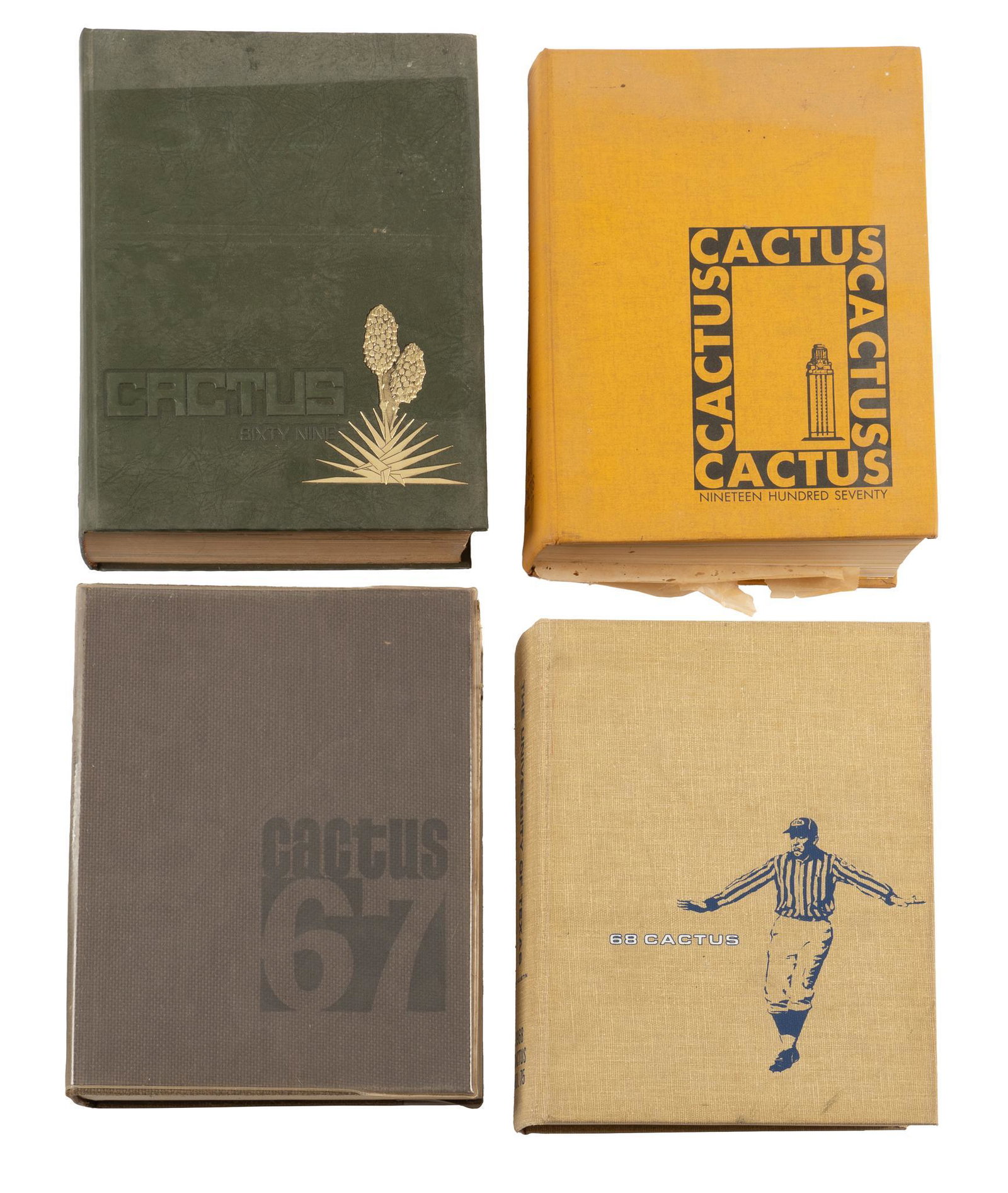 (4) University of Texas "Cactus" Yearbooks 1967-1970: Four volumes of the University of Texas "Cactus" yearbooks, 1967 through 1970 height 12 in. x width 9.5 in. x depth 2.75 in. / largest Provenance: A Bulverde, Texas collection We happily provi
