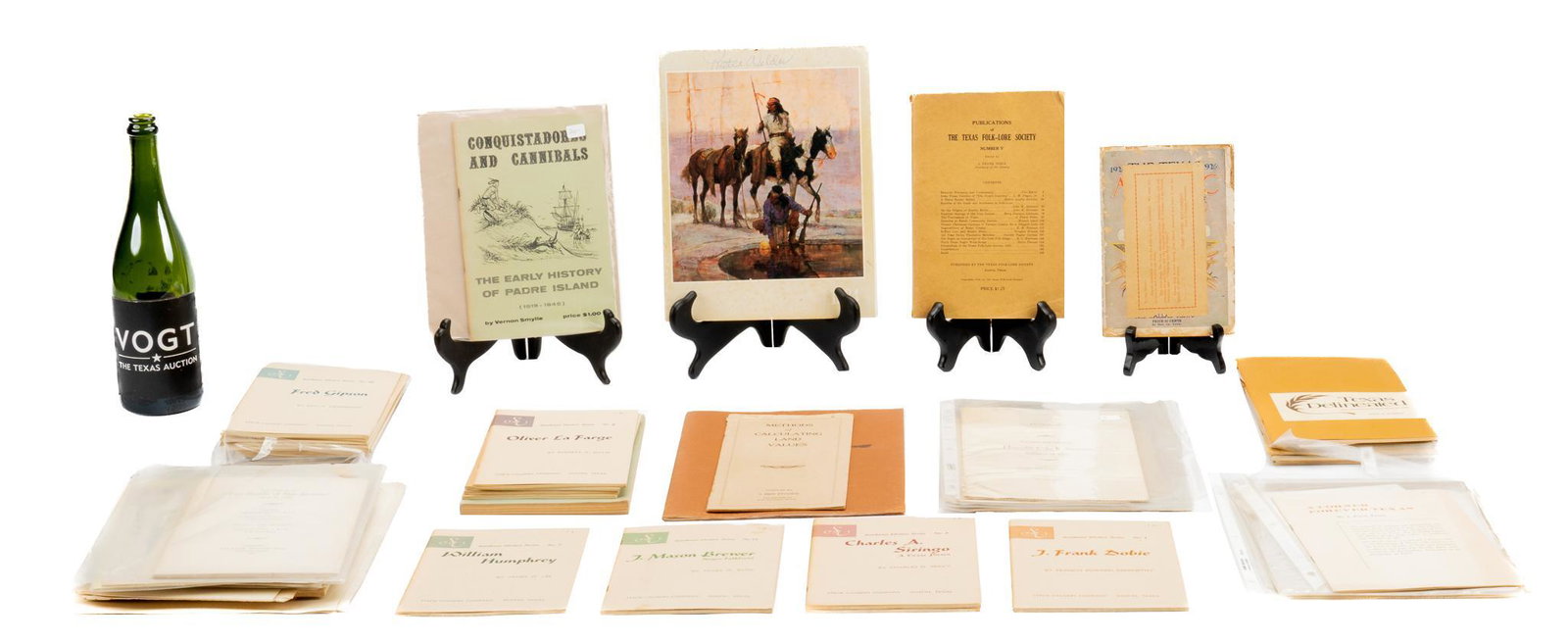 Collection of Historical Pamphlets and Catalogs: Collection of historical books and catalogs, including issues of the Southwest Writers Series, one signed art book, one signed copy of The Texas Almanac and State Industrial Guide height 11 in. x widt