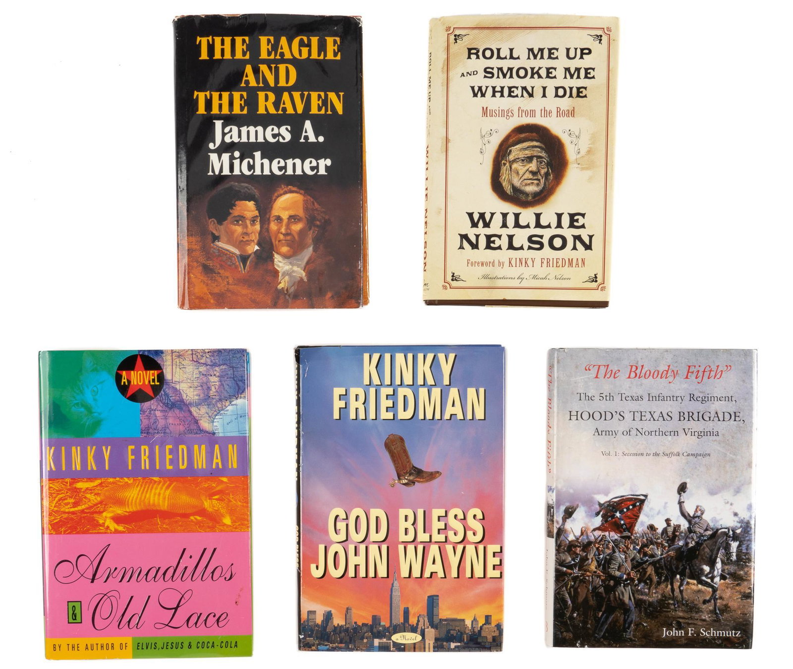 (5) Texas Themed Books, Willie Nelson Drawing: Collection of five (5) books relating to America and Texas, including a copy of "Roll Me Up and Smoke Me When I Die" by Willie Nelson that includes a hand drawn sketch by Willie Nelson, also i