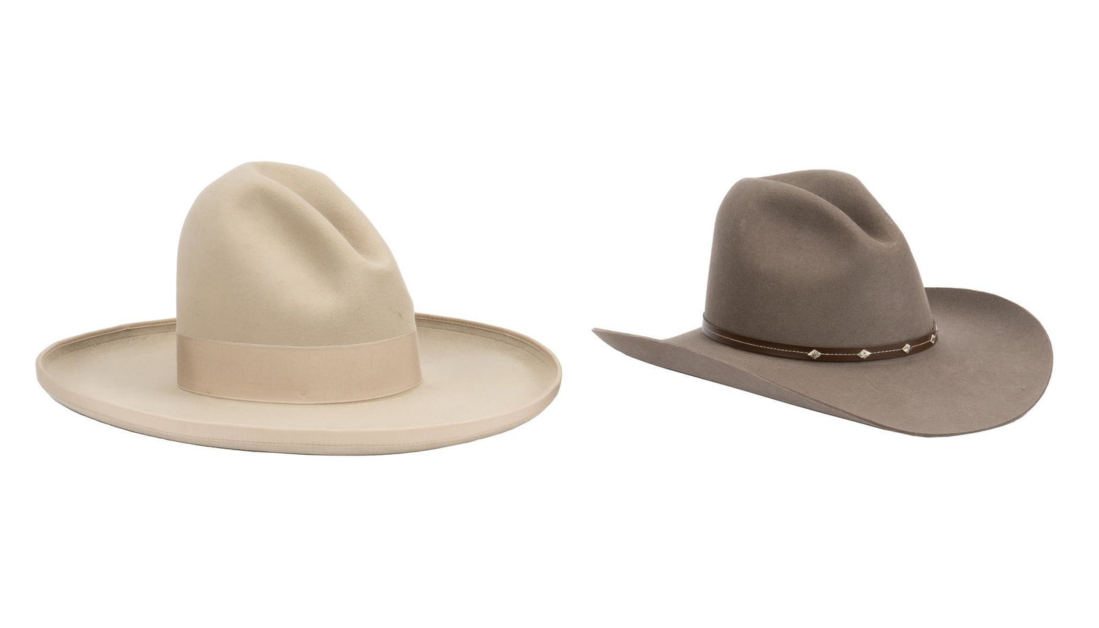 (2) John B. Stetson Cowboy Hats: Two (2) John B. Stetson cowboy hats, including one pure fur felt example and another from the "Buffalo Collection" height 8.5 in. x width 17 in. x depth 18 in. Provenance: A Kerrville, Texas c