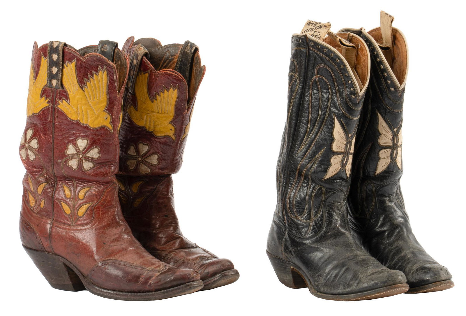 (2) Pairs of Vintage Leather Cowboy Boots: Three pairs of vintage cowboy boots, including one pair of Justin's (Fort Worth, Texas) black leather cowboy boots with white leather accents including butterfly motif and inlaid tiny stars, fadin