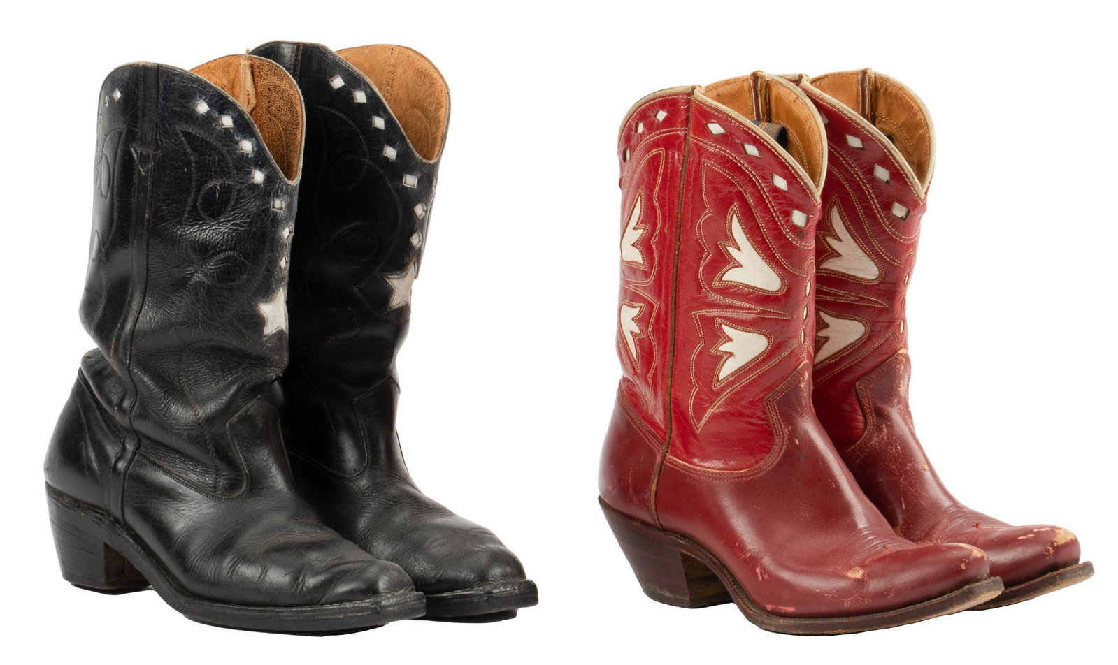 (2) Pairs of Vintage Leather Cowboy Boots: Two pairs of vintage cowboy boots, including one pair of black leather C.B. cowboy boots with white leather inlaid designs including a single star on each, faded marks inside, and one pair of red leat