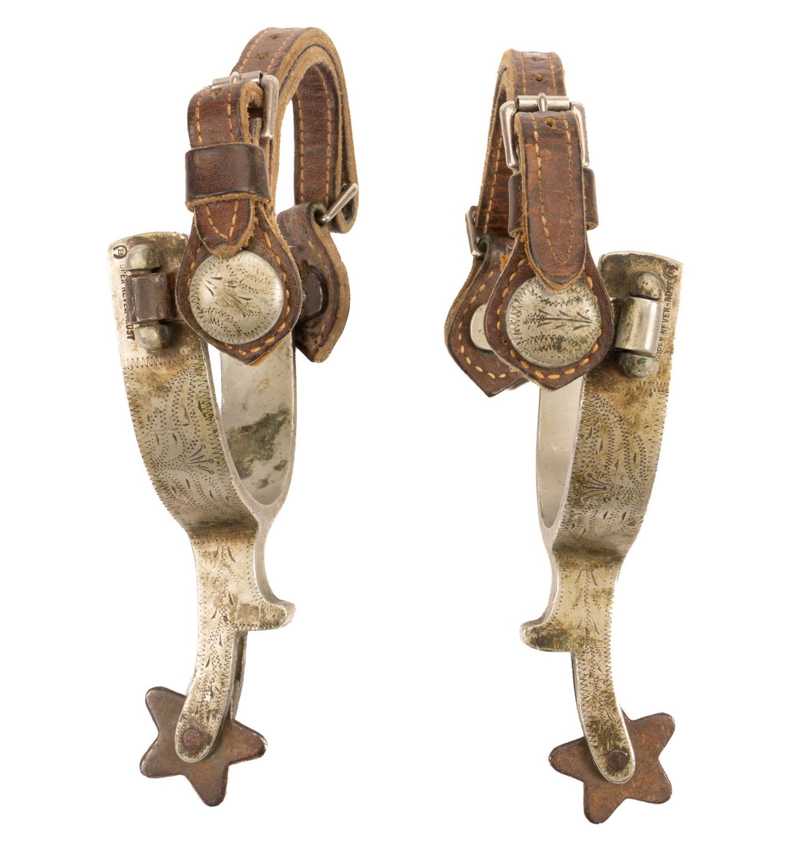 Rare Barclays Cowboy Spurs: Rare Barclays cowboy spurs, steel heel band, with engraved decoration, lettering, marked Barclays along with "super never rust" on outside of heel band, featuring star of Texas five point rowe