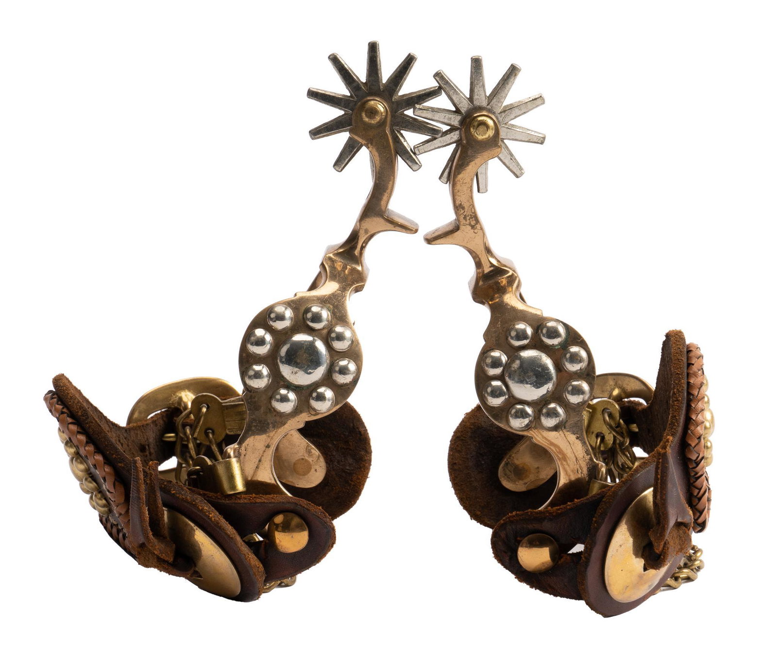 Anchor Marked Hercules Bronze Spurs: North & Judd Hercules spurs, bronze heel band with target pattern, spur chains, ten point rowels, leather heel straps with conchos, stitched leather decoration, inlaid target pattern studs, marked