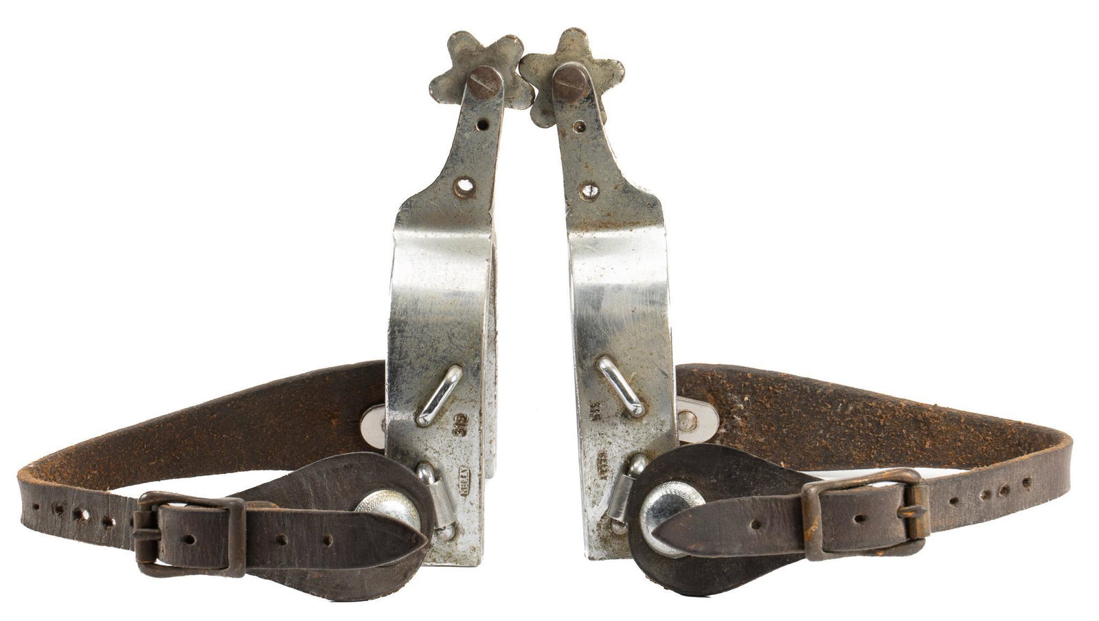 Vintage "Kelly" Marked Cowboy Spurs: Vintage "Kelly" marked Western cowboy spurs, steel heel bands, five point rowels, brown leather heel straps, marked "Kelly" and "315" on side of heel bands heel band width 3.5 