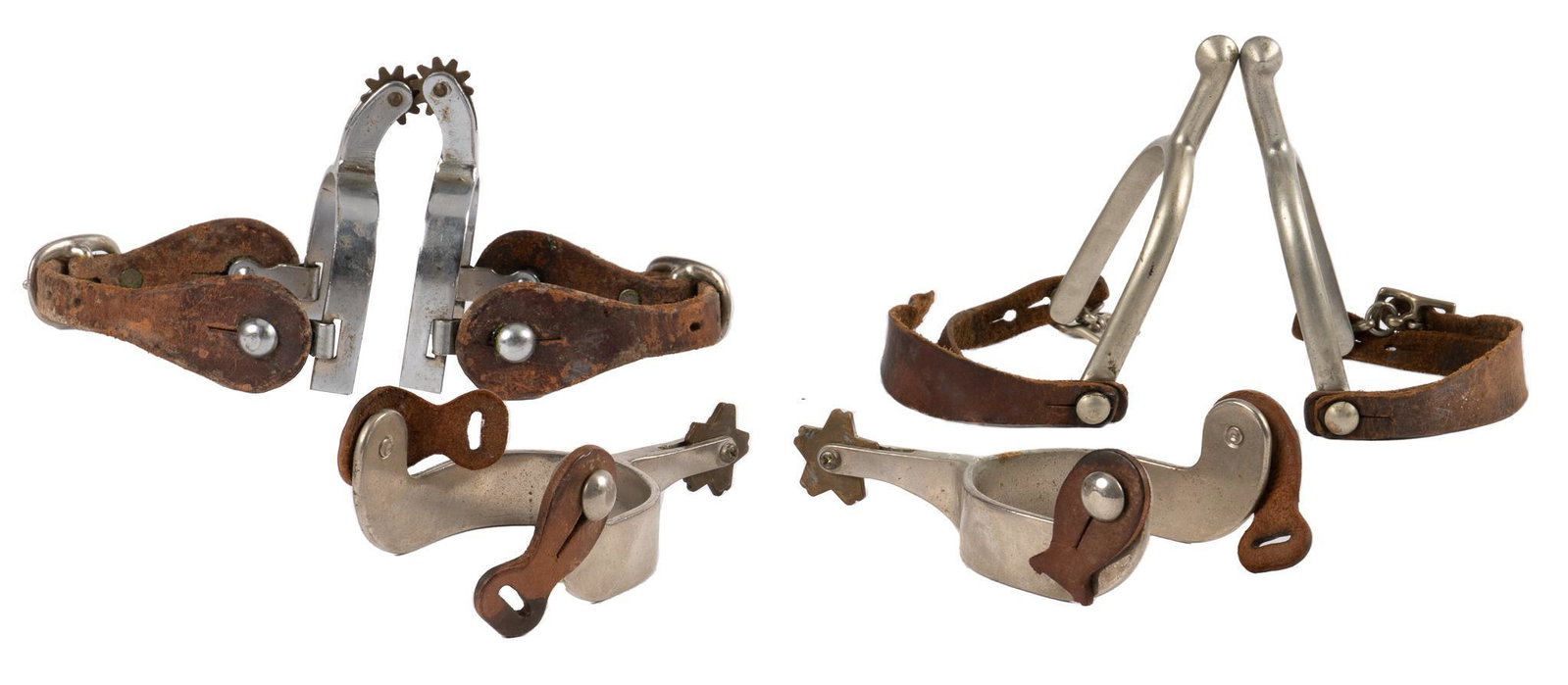 (3) Spurs: Three pairs of spurs, including one pair of US Army Calvary spurs, with steel heel bands, leather heel straps, marked on inside of heel band, one pair of of spurs with steel heel bands, engraved accen