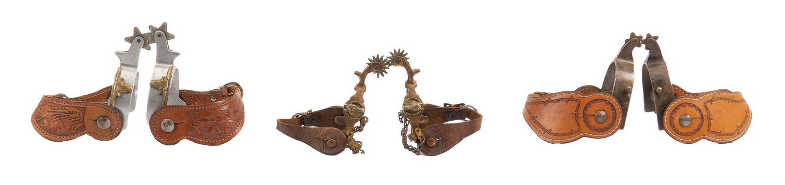 (3) Pairs of Cowboy Spurs: Three pairs of cowboy spurs, to include one pair of anchor marked Hercules bronze horsehead patterned spurs, single mounted, cowgirl sized with heel chains, 14 point rowels, brown leather heel straps,