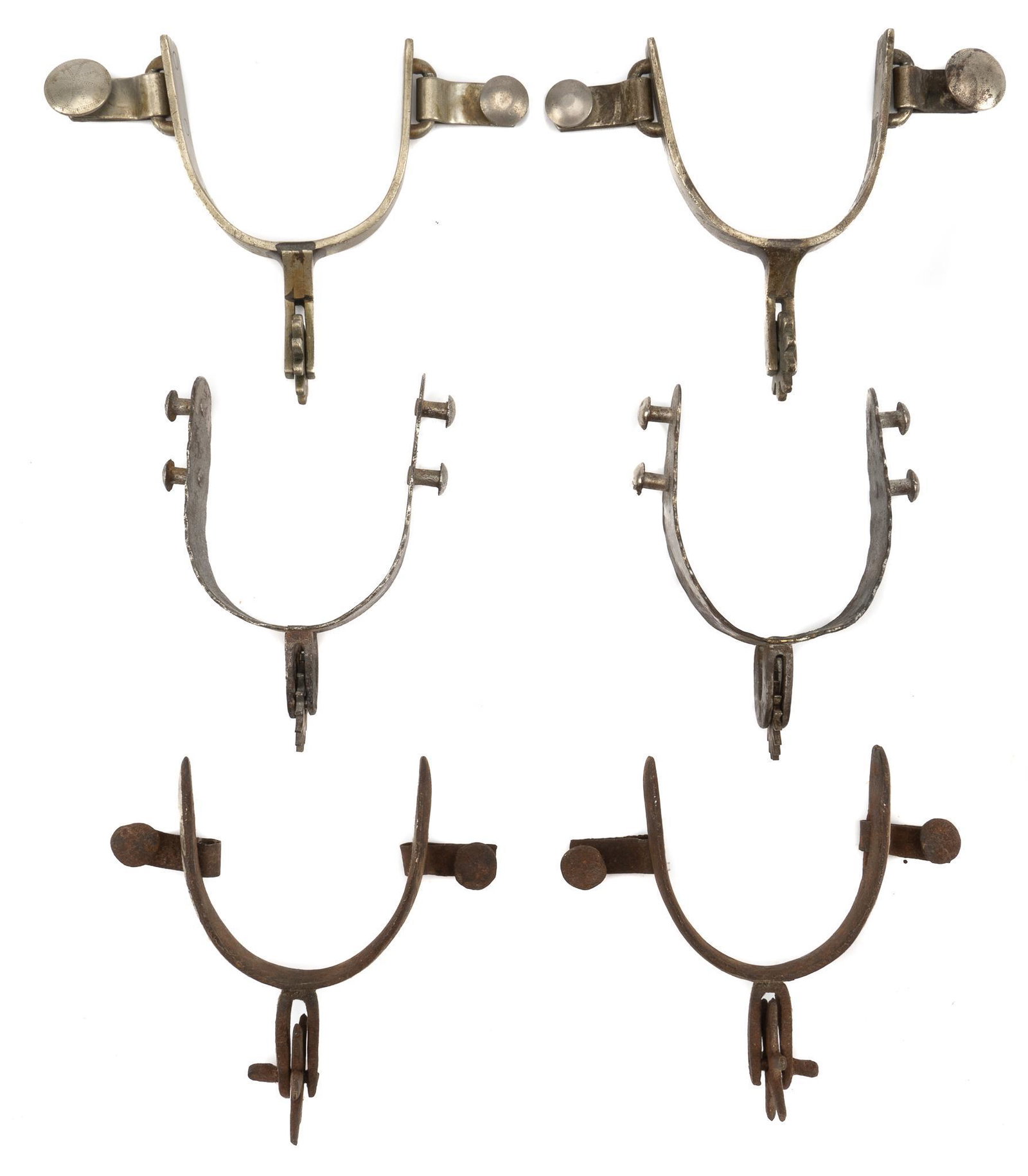 3 Pairs of Vintage Spurs: 3 pairs of spurs largest pair: length 5 in. x depth 4 in. Provenance: A Kerrville, Texas collection We happily provide seamless shipping services on everything we sell. Please email us at shipping@