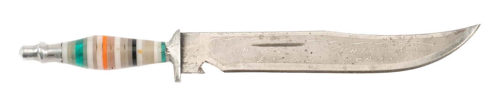Vintage Mexican Fighting Knife: Vintage Mexican fighting knife, polychrome handle, etched blade with words on one side and a jaguar on the other length 14 in. x width 1.75 in. / blade length 9.25 in. Provenance: An Alamo Heights,