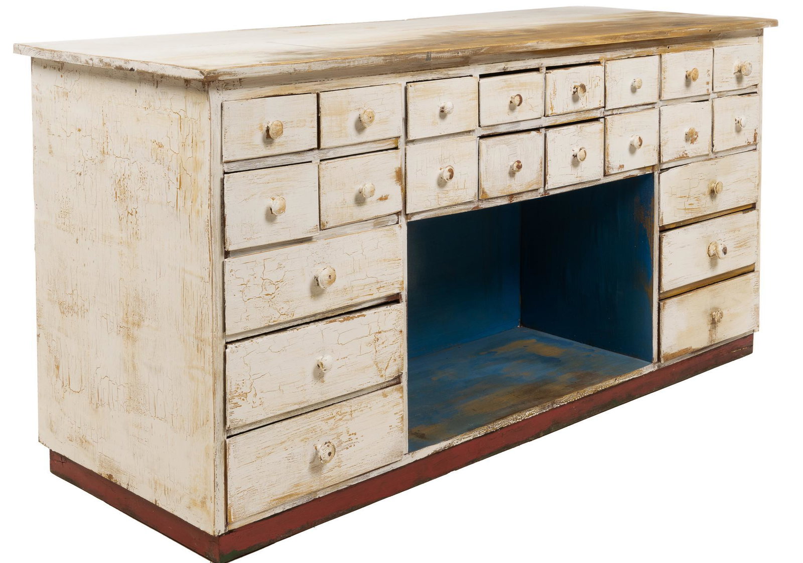 General Store Counter: General store counter, with white paint, forward facing storage niche, storage niche on reverse, framed by two upper rows of drawers, three stacked drawers at each side height 40.5 in. x width 82 in. 
