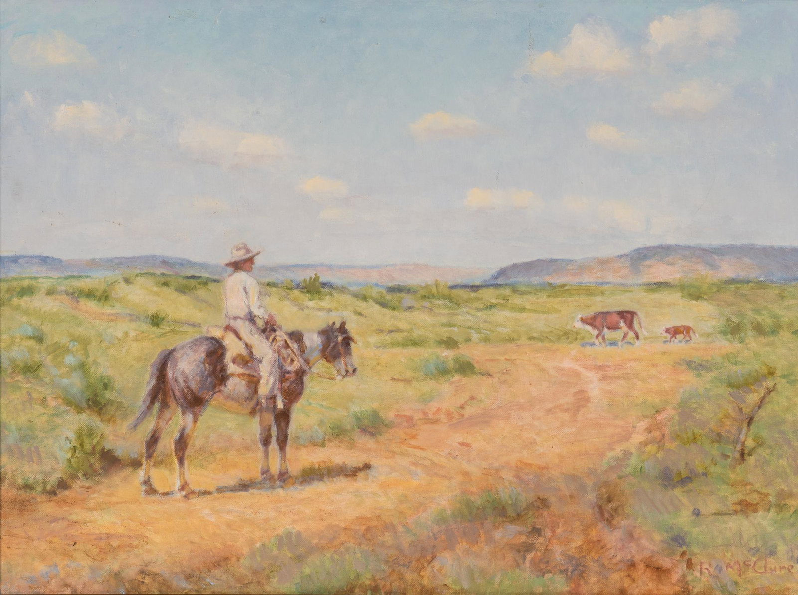 R. McClure, Cowboy in Landscape: R. McClure, cowboy in landscape, oil on canvas sight: 18 x 24, frame: 23 x 29 in. Provenance: A King William, Texas collection We happily provide seamless shipping services on everything we sell. Plea