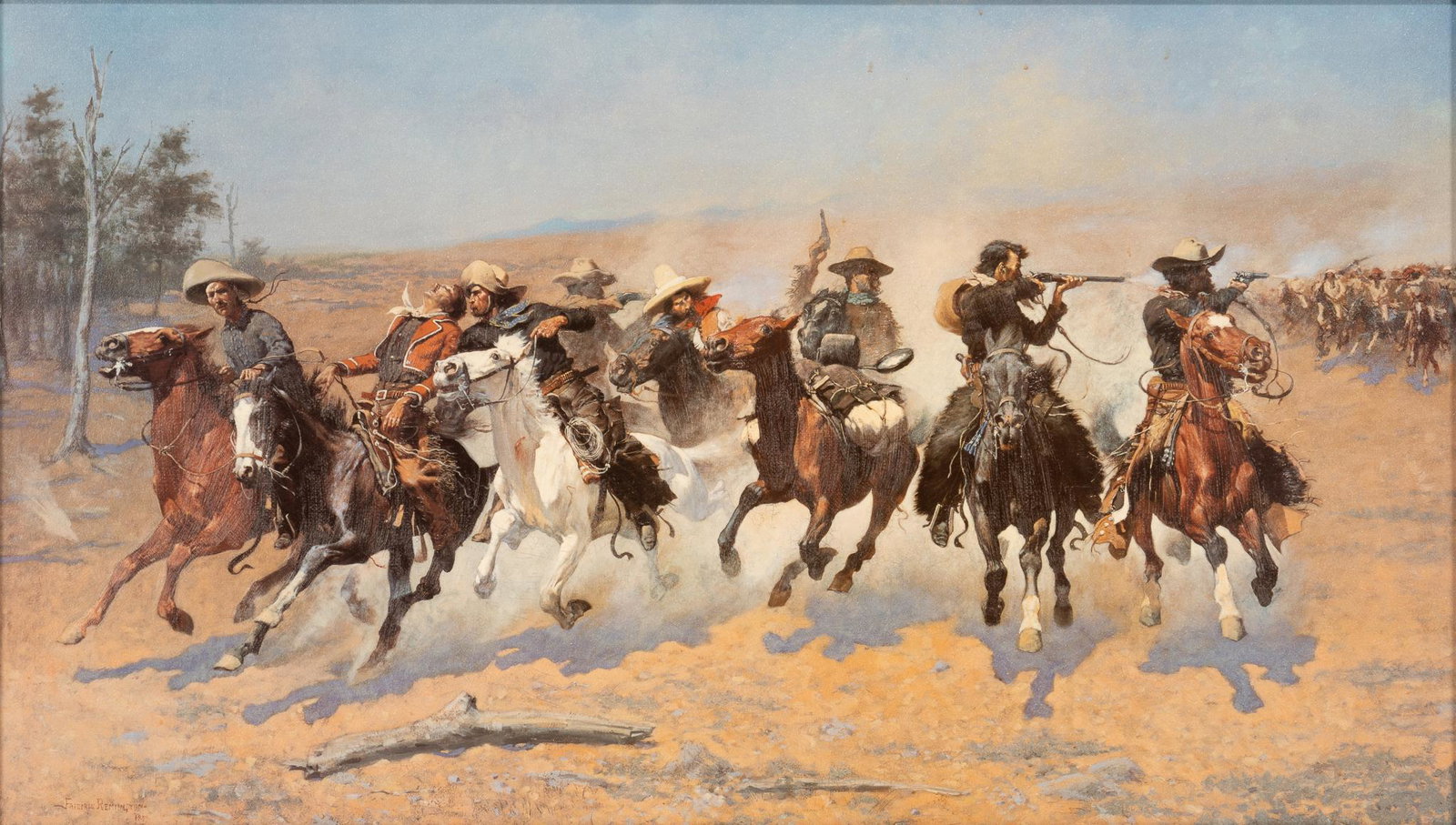 Frederic Remington, "A Dash for the Timber", Giclee: Frederic Remington, "A Dash for the Timber", giclee print on canvas sight: 20 x 35.5 in., frame: 24 x 39 in. Provenance: A Houston, Texas collection We happily provide seamless shipping servic