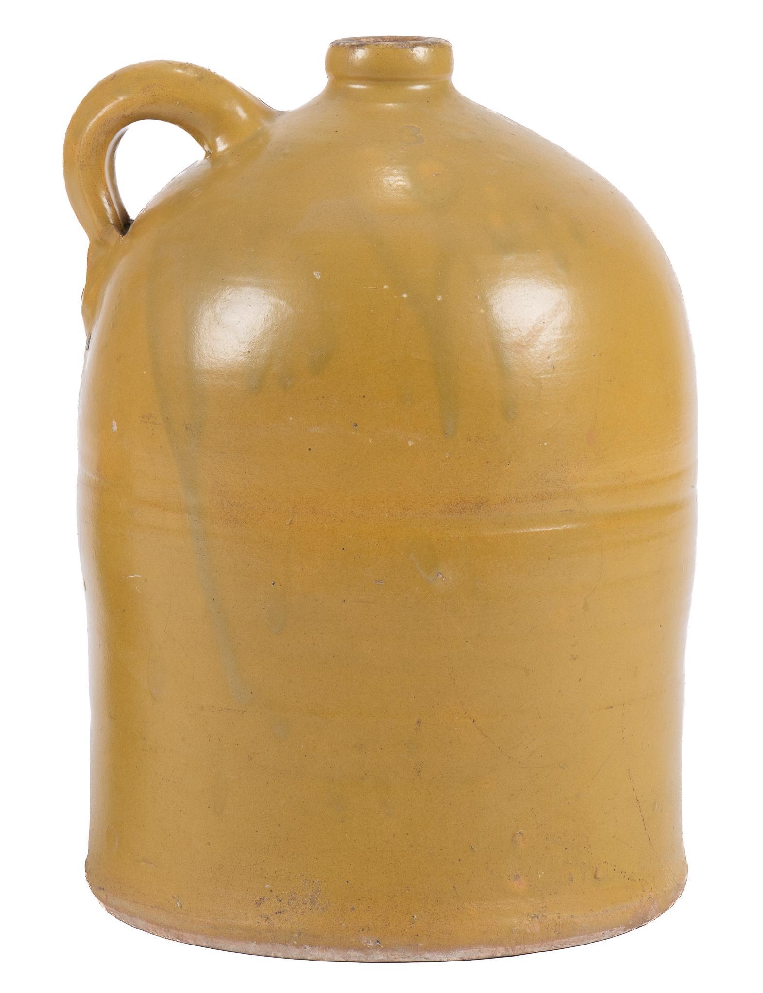 Meyer (TX) Leon Slip Glaze 3-Gallon Jug, 19th C.: Meyer Pottery (1887-1962, Texas) Leon slip glaze three gallon stoneware jug, single handle, marked "3" under rim, 19th century height 14 in. x width 10 in. x depth 9.5 in. Provenance: A Monte 