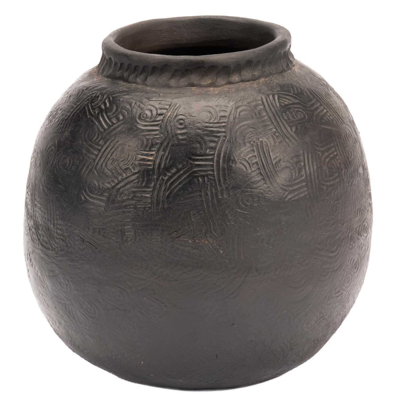 Scott Roberts, Hand-built Pottery Vase: Scott Roberts, Folk art pottery vase, in the style of ancient Muscogee pottery, with hand-built walls, pinched rim, carved surface geometric decoration, on black clay body, signed on base, dated 2/9/2