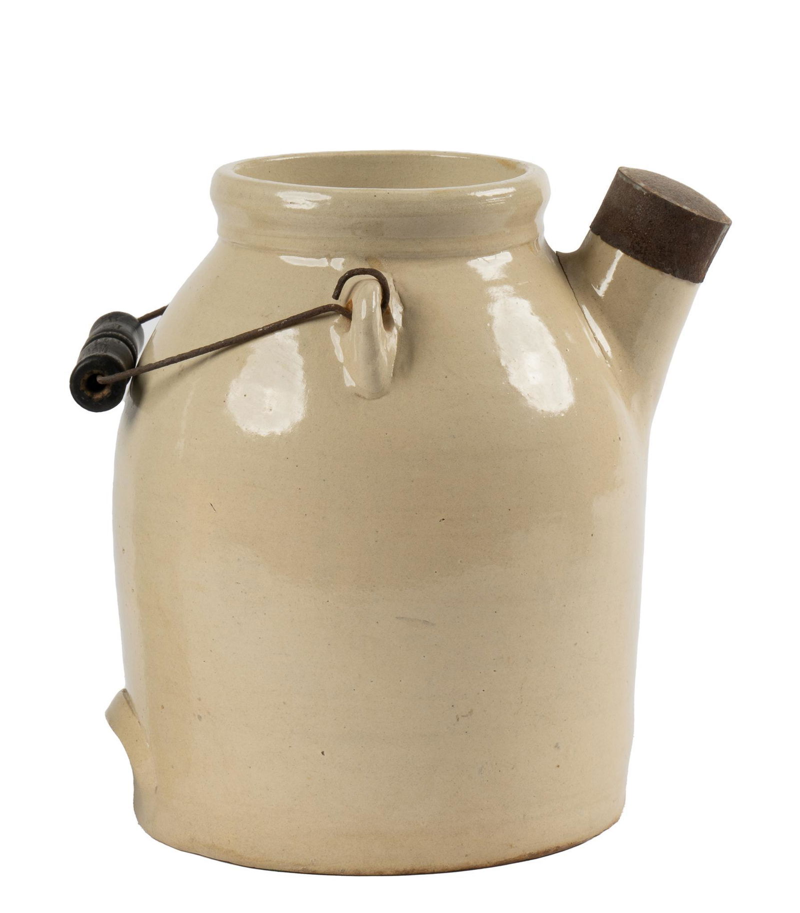 Antique Stoneware Batter Jug: Antique stoneware batter jug, white glaze, pour spout with old tin cap, attached wooden bail and wire handle, circa late 19th century to early 20th century height 10 in. x width 8 in. x depth 10 in.