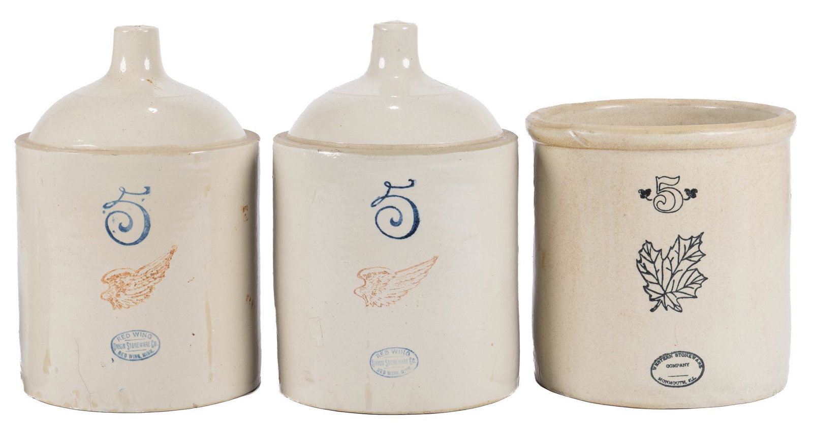 (3) Vintage 5-Gallon Bristol Glaze Stoneware Jugs and Crock: Three vintage five gallon Bristol glaze stoneware containers, includes two Red Wing jugs, both marked "5", with a red wing logo and "Red Wing / Union Stoneware Co. / Red Wing, Minn.",
