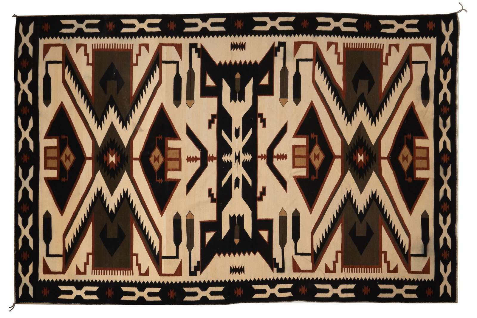 Navajo Teec Nos Pos Style Rug, 15'1" x 9'9": Navajo Teec Nos Pos style rug, hand-made with geometric motifs in black, tan, gray, red 15 ft. 1 in. x 9 ft. 9 in. Provenance: A Fredericksburg, Texas collection We happily provide seamless shippin