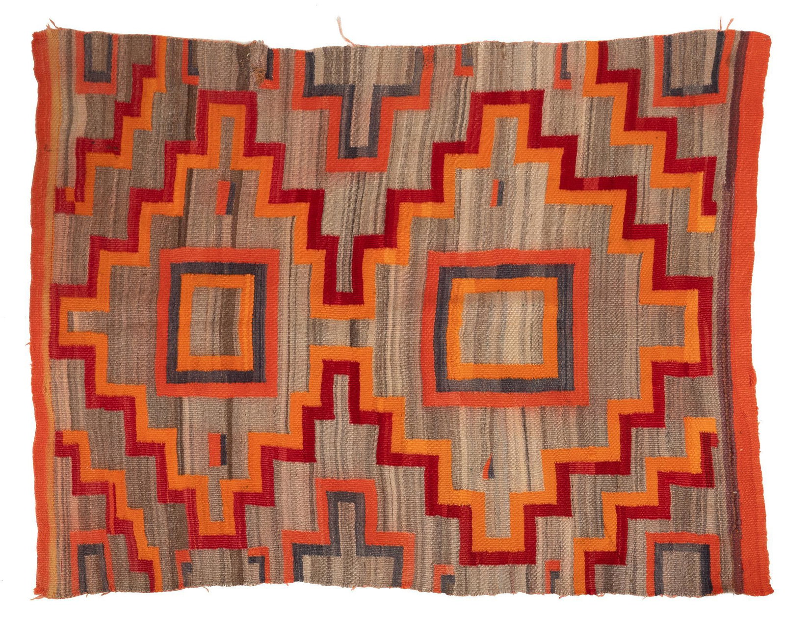 Navajo Transitional Style Blanket, 5'9" x 4'4": Navajo Transitional style blanket, with stepped diamond motif, in red, orange, blue, tan, circa 1900 5 ft. 9 in. x 4 ft. 4 in. Provenance: A Dallas, Texas collection We happily provide seamless shippi