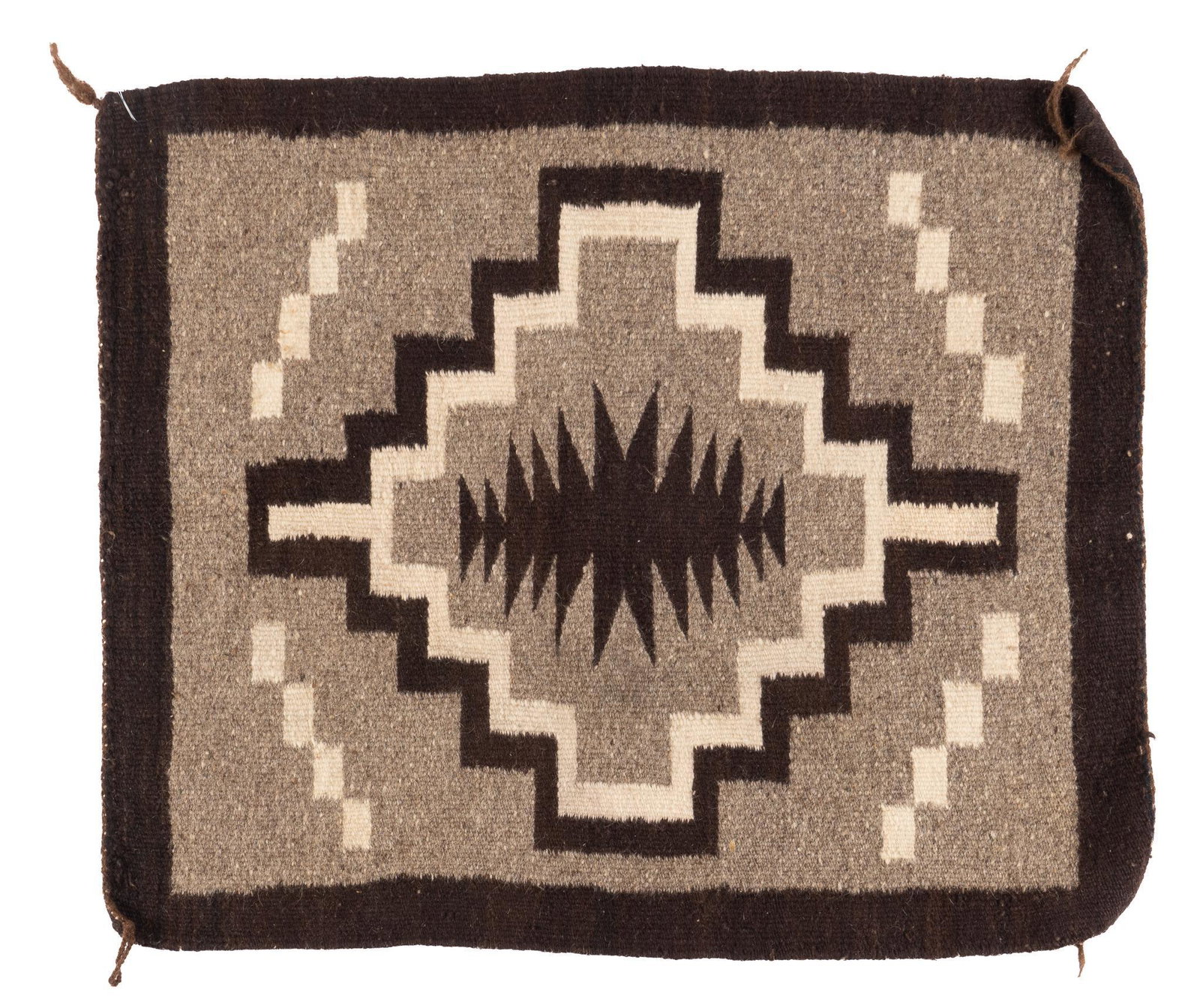 Navajo Two Gray Hills Style Saddle Blanket: Navajo Two Gray Hills style saddle blanket, hand-made with black border, center diamond motif, gray, white, and black 2 ft. 7 in. x 2 ft. 1 in. Provenance: A San Antonio, Texas collection We happily p