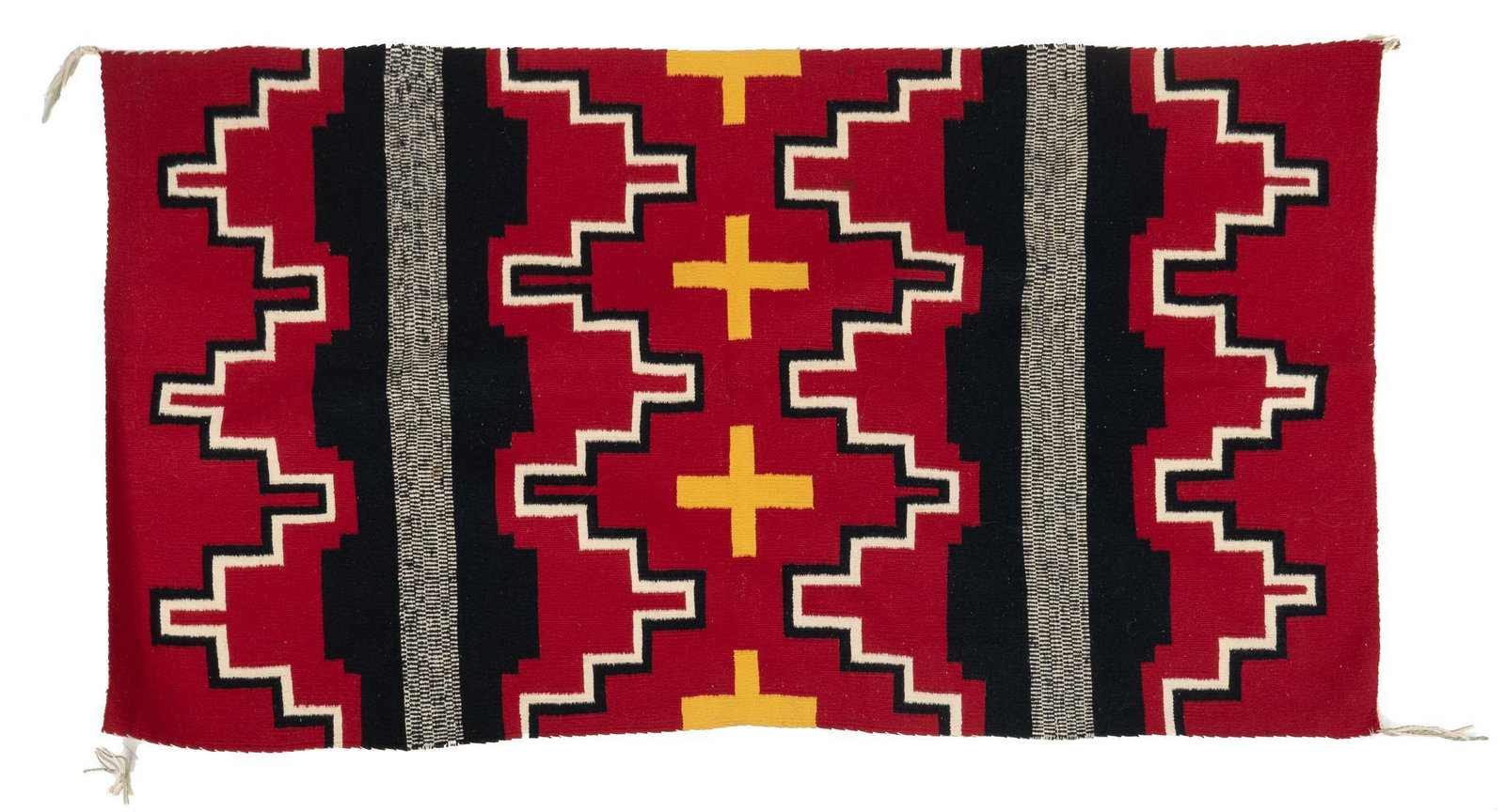 Navajo Weaving, 5'8" x 3'1": Navajo weaving, with cross and stepped cross motifs, in red, yellow, black 5 ft. 8 in. x 3 ft. 1 in. Provenance: A Dallas, Texas collection We happily provide seamless shipping services on everything 