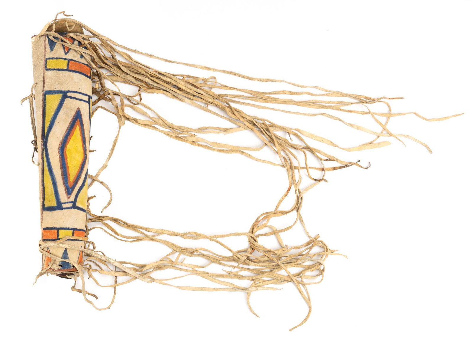 Painted Parfleche Quiver: Parfleche rawhide arrow quiver, with painted geometric designs, long fringe length 18 in. x width 4 in. x depth 4 in. Provenance: An Alamo Heights, Texas collection We happily provide seamless shi