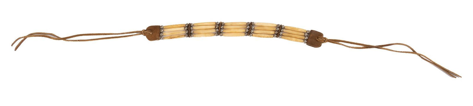 Native American Choker Necklace: Native American choker necklace, possibly Sicangu Lakota, made from dentalium shells, metal beads, and leather length 31 in. x width 1 in. Provenance: An Estero, Florida collection We happily provide 