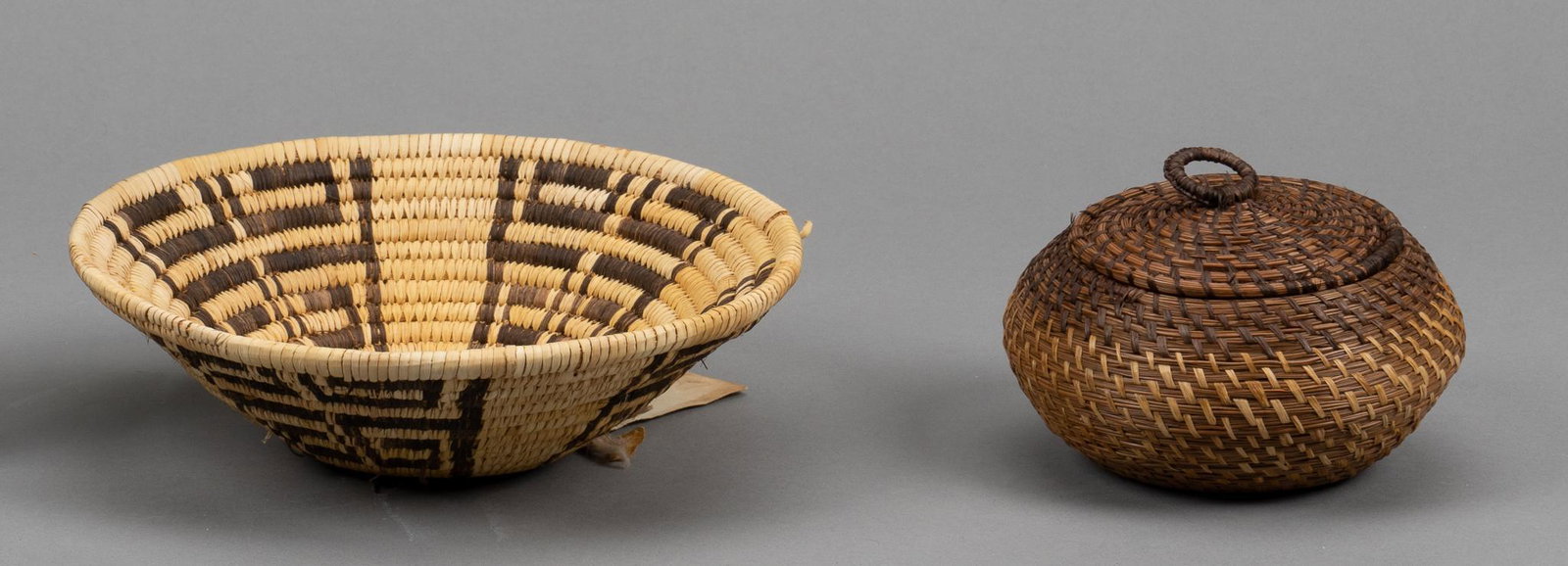 (2) Native American Baskets: Two Native American baskets, attributed to the Tohono OÃŠ¼odham (Papago), including one coiled basket, one lidded jar height 3 in. x width 9.5 in. x depth 9.5 in. / largest Provenance: A Plea