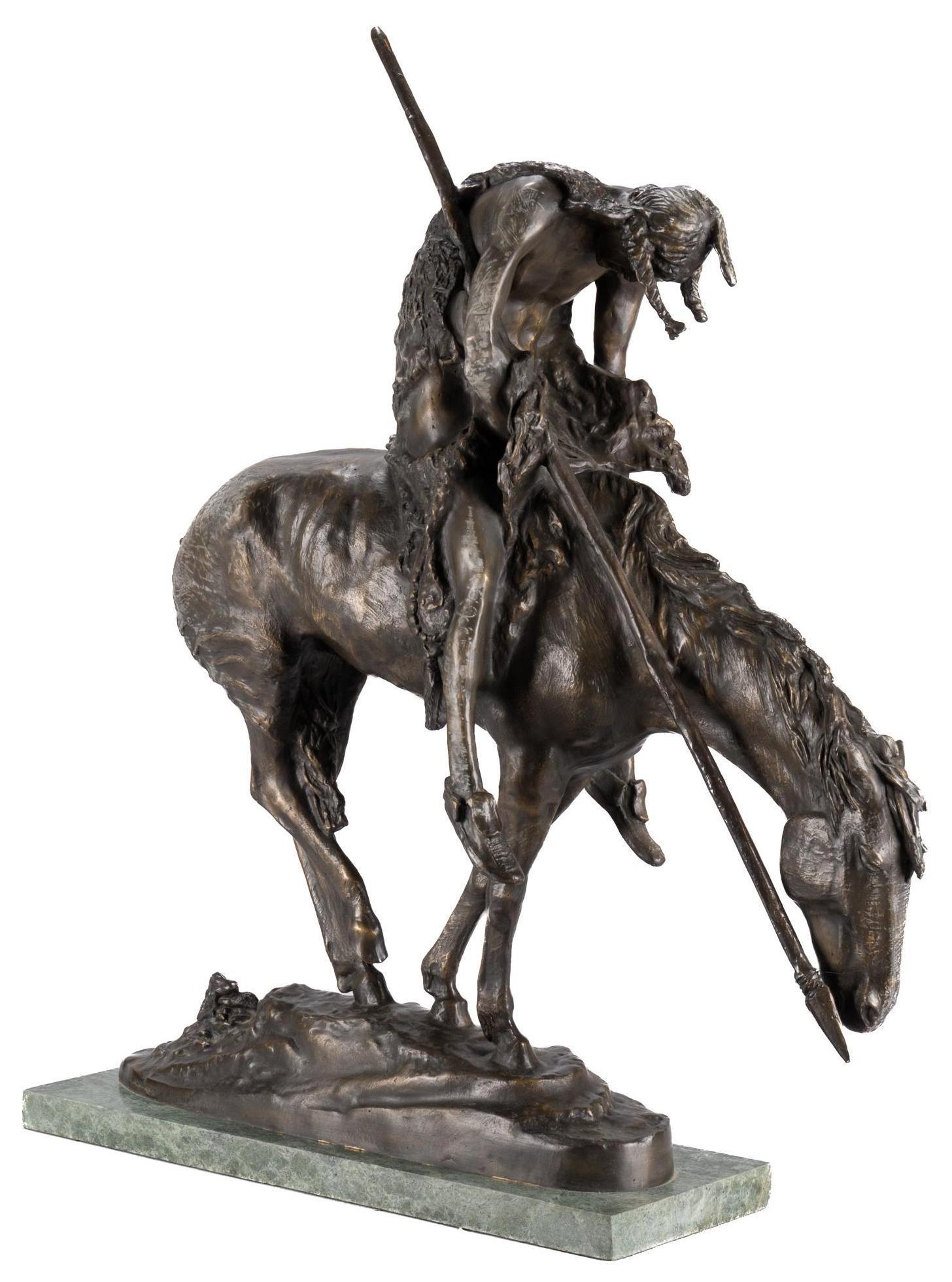James Fraser, "The End of the Trail": James Fraser, "The End of the Trail", bronze recast sculpture on green marble base height 32 in. x width 29 in. x depth 10 in. Provenance: A prominent Oklahoma City, Oklahoma corporate collect
