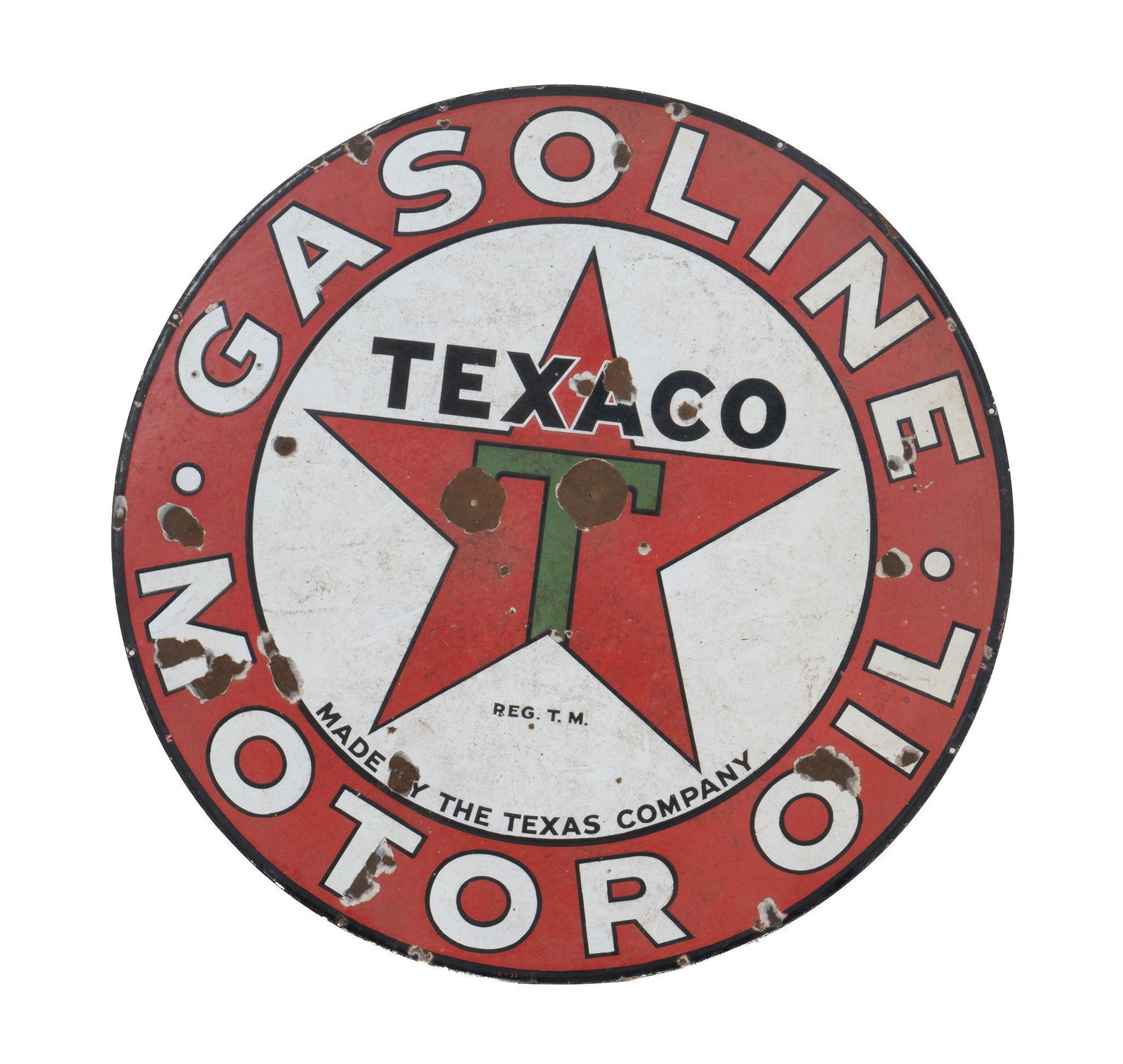 Vintage Texaco Motor Oil Porcelain Gas Station Sign: Vintage circular porcelain advertising sign advertising, dual tone and bordered, reads "Made by the Texas Company", central Texaco logo, circa 1930s height 42 in. x width 42 in. Provenance: