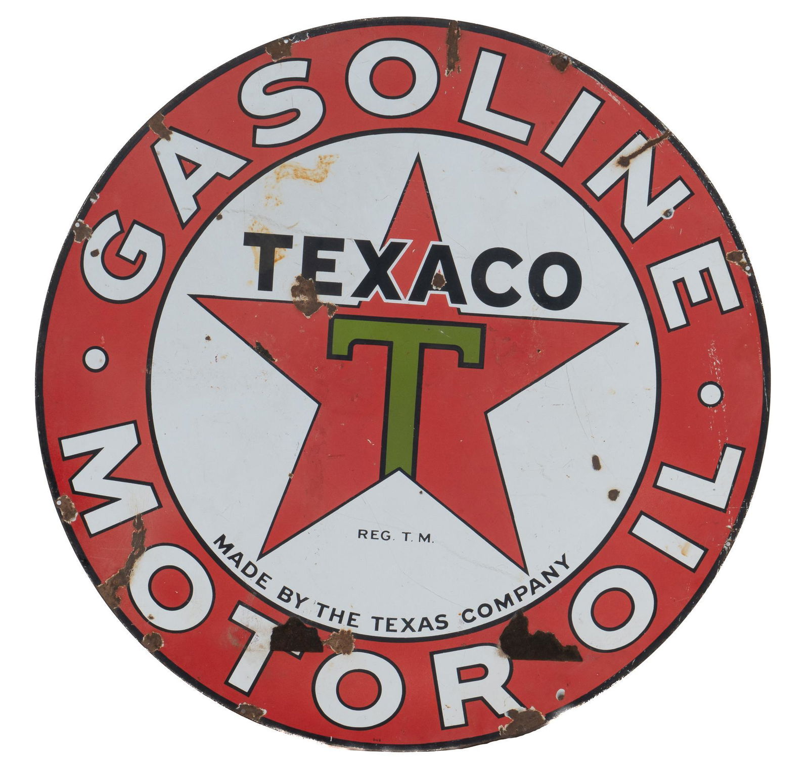 Vintage Texaco Gasoline Motor Oil Gas Station Sign: Vintage circular porcelain advertising sign advertising, dual tone and bordered, reads "Made by the Texas Company", central Texaco logo, circa 1930s height 42 in. x width 42 in. Provenance: