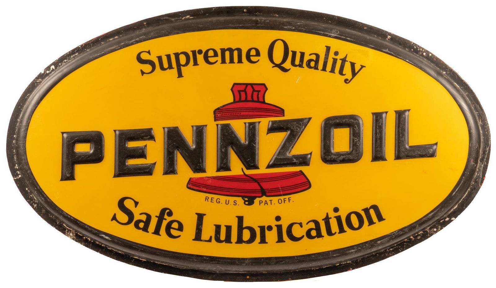 Vintage Pennzoil Advertising Sign: Large Pennzoil advertising sign, oval form, tri-tone, reading "Supreme Quality, Safe Lubrication", central logo, embossed lettering, circa 1970s height 35 in. x width 62 in. x depth 2.5 in.
