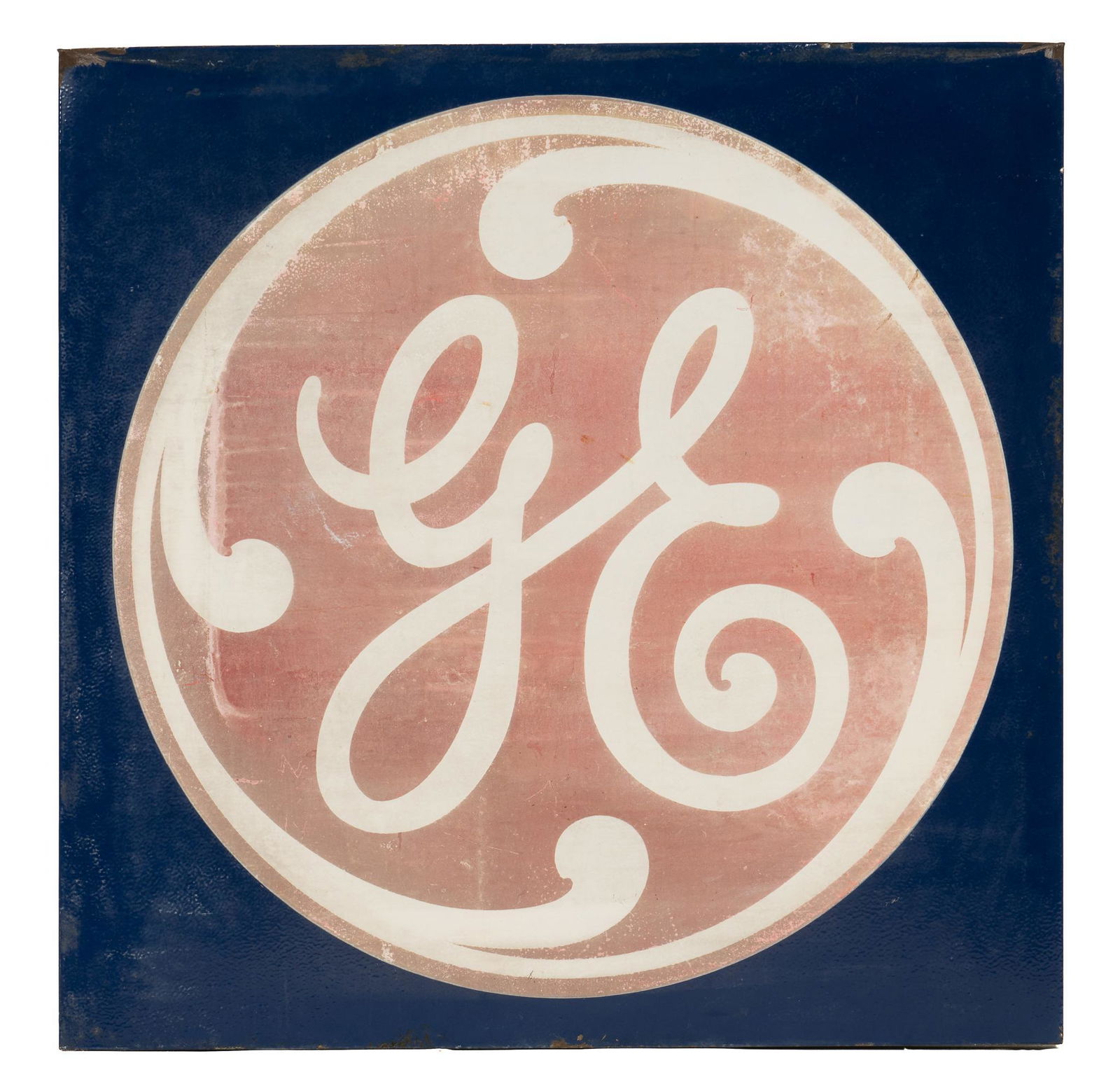 Large Vintage Porcelain General Electric Sign: Vintage porcelain advertising sign, square form, featuring large stylized General Electric logo, circa 1960s diameter 54 in. x depth 1 in. Provenance: A King William, Texas collection We happily pr