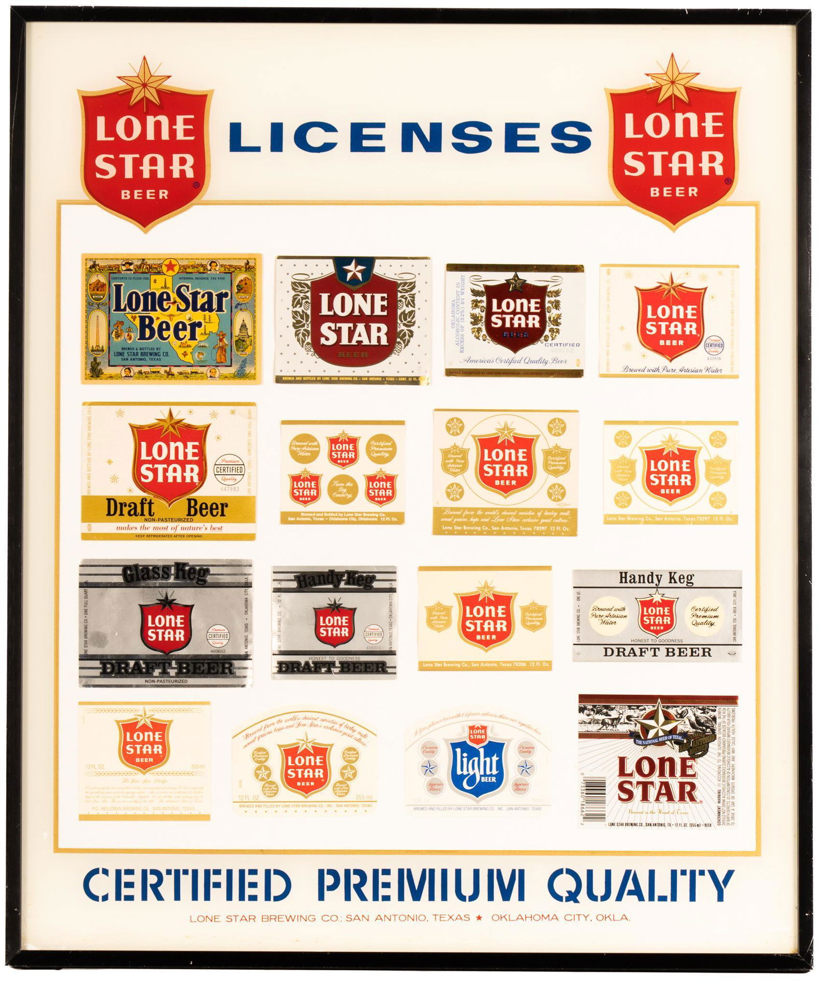 Lone Star Beer Advertising Poster: Vintage Lone Star Beer advertising poster, titled "Licenses", portraying various different designs, framed, circa 1980s 24 x 20 in. Provenance: A San Antonio, Texas collection We happily pr