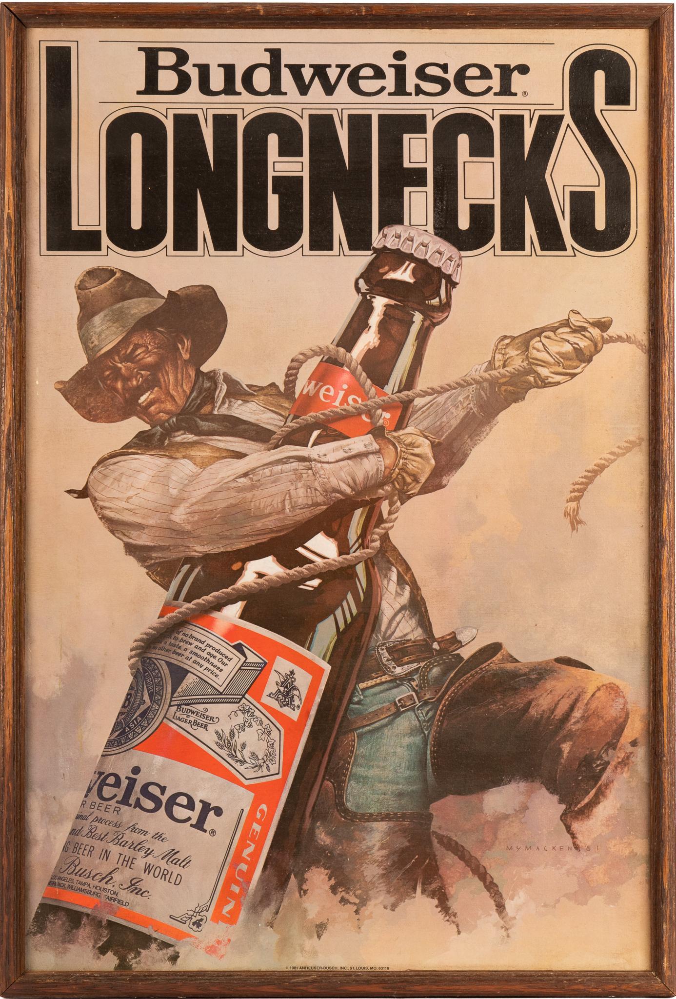 Vintage Budweiser Longnecks Advertising Poster: Vintage framed advertising poster for Budweiser Longnecks, featuring stylized lettering and central image showing a cowboy wrangling a bottle of Budweiser sight: 33.5 x 23.5 in., frame: 37 x 35.5 in. 