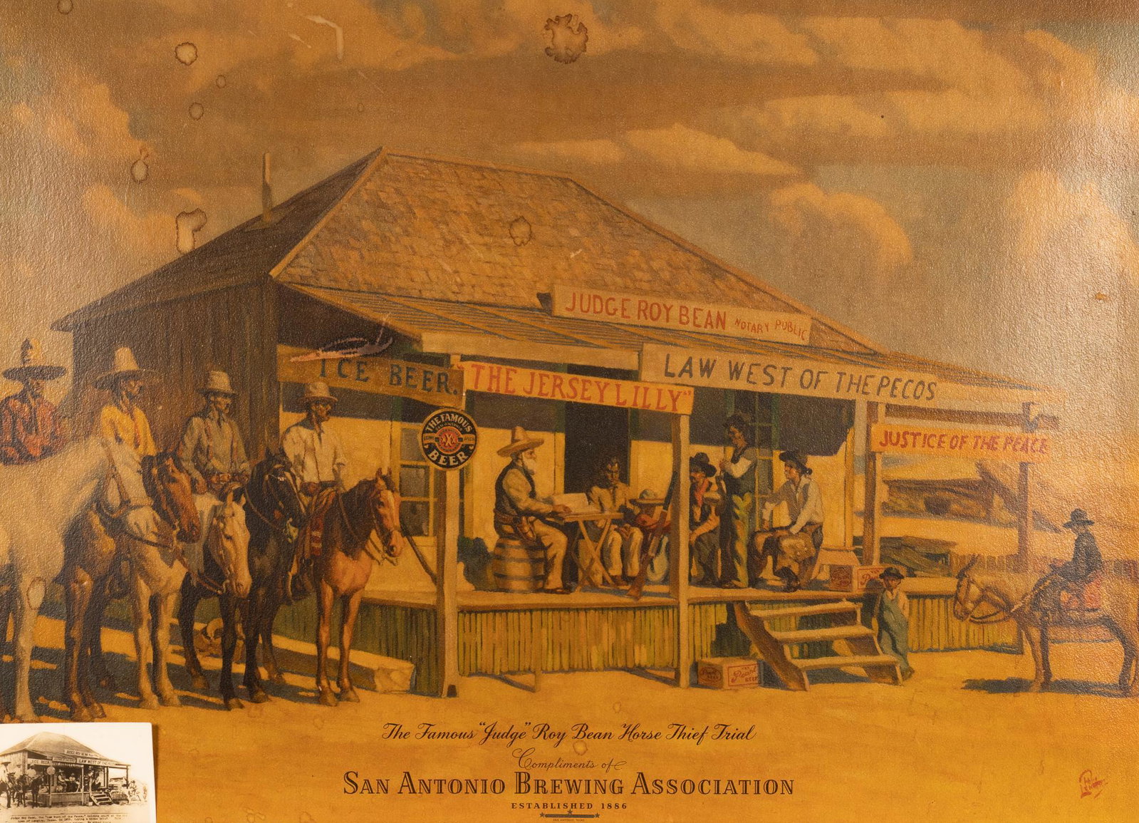 1948 Judge Roy Bean Pearl Brewing Advertising Poster: San Antonio Brewing Association (predecessor of Pearl Brewery) advertising poster featuring design incorporating Judge Roy Bean, circa 1948 sight: 26 x 36 in., frame: 30 x 40 in. Provenance: A San Ant