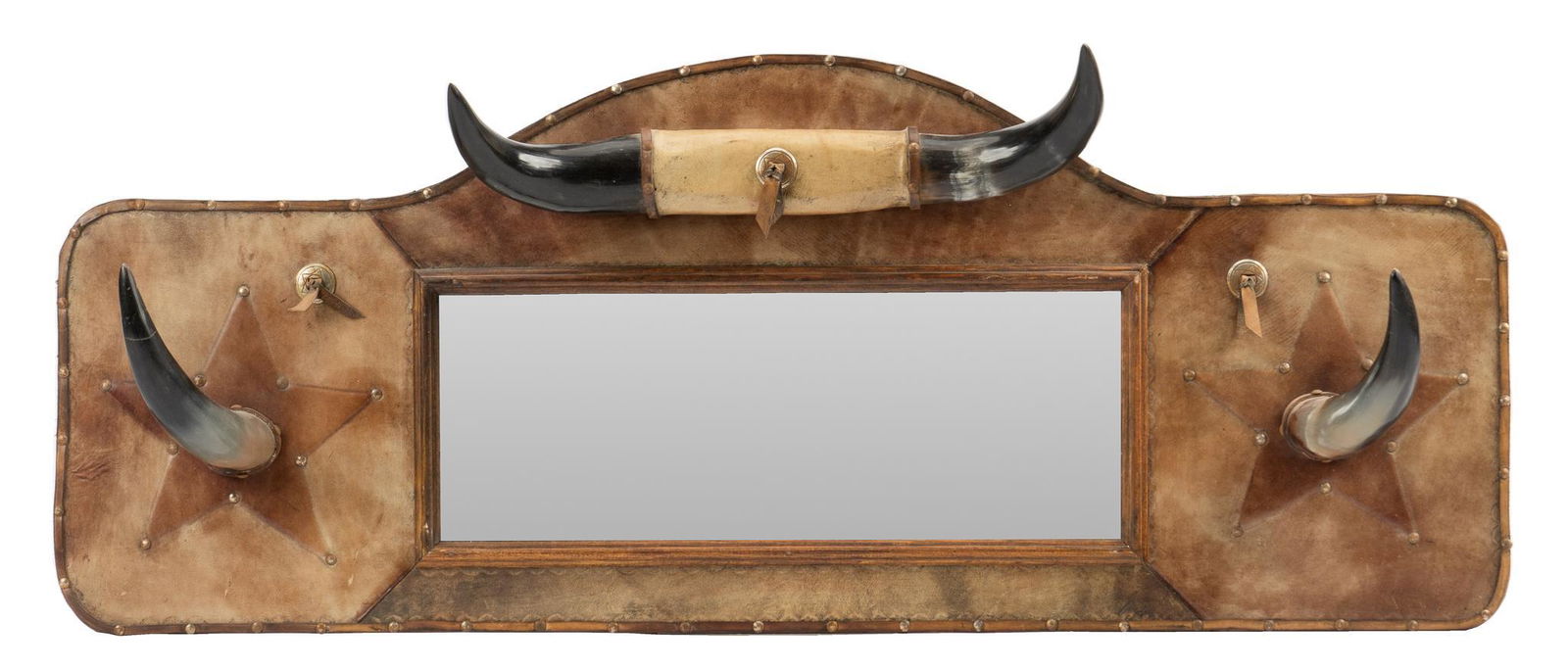 Ranch Style Steer Horn Wall Rack: Ranch style wall rack, featuring pair of taxidermy steer horns, above inlaid mirror, flanked by steer horns, mounted on leather upholstered plaque, with Texas star motif, concho accents height 16 in.