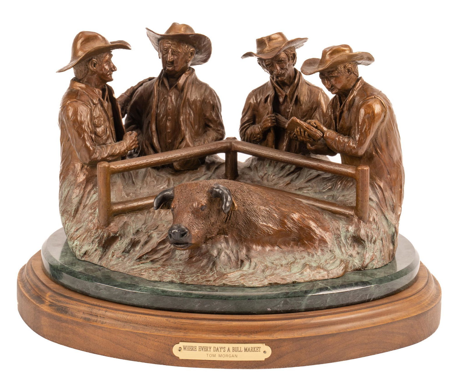 Tom Morgan, "Where Every Day's a Bull Market": Tom Morgan, "Where Every Day's a Bull Market", bronze sculpture, ed. 6/50, on wooden base height 10 in. x width 16 in. x depth 14 in. Provenance: Property from the collection of a prominen