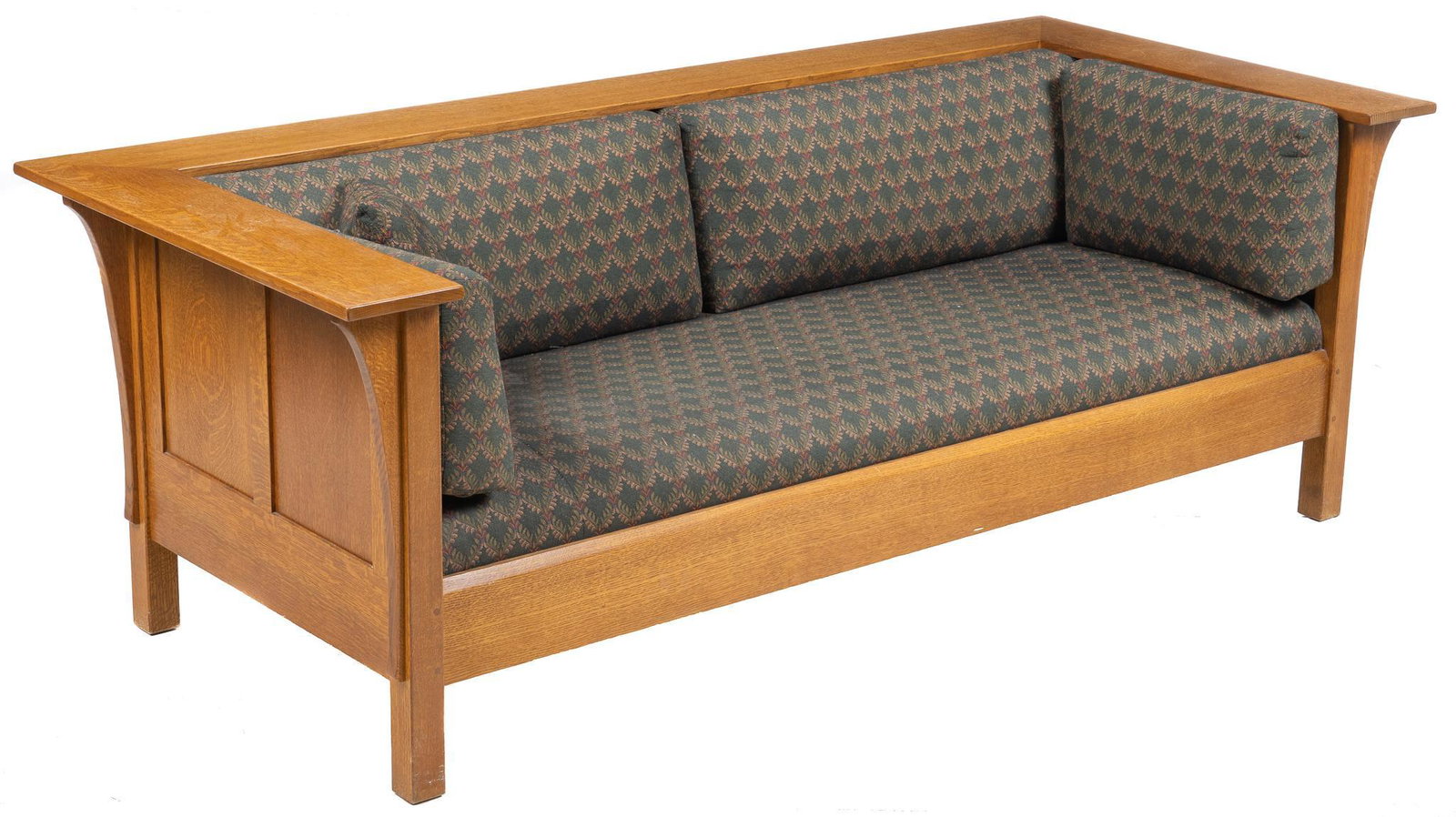 Stickley (USA) Mission Loveseat: Stickley Audi & Co. (USA) "Prairie" loveseat, part of the re-issued Mission line, with corbel arches, book-matched paneled sides, foliate patterned upholstery, not original, supported on b