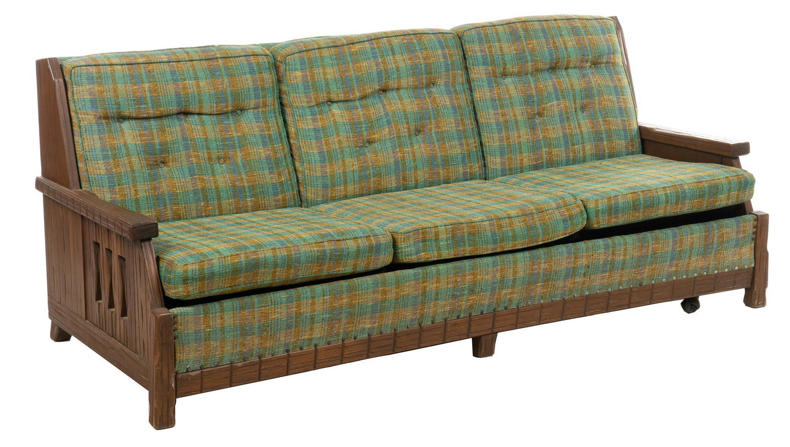 A. Brandt (Fort Worth, TX) Ranch Oak Sleeper Sofa: Ranch Oak sleeper sofa, by A. Brandt (Fort Worth, Texas), with carved frame, featuring pierced hourglass motif, supporting plaid patterned upholstery, with nail stud trim, three seat cushions, unfoldi