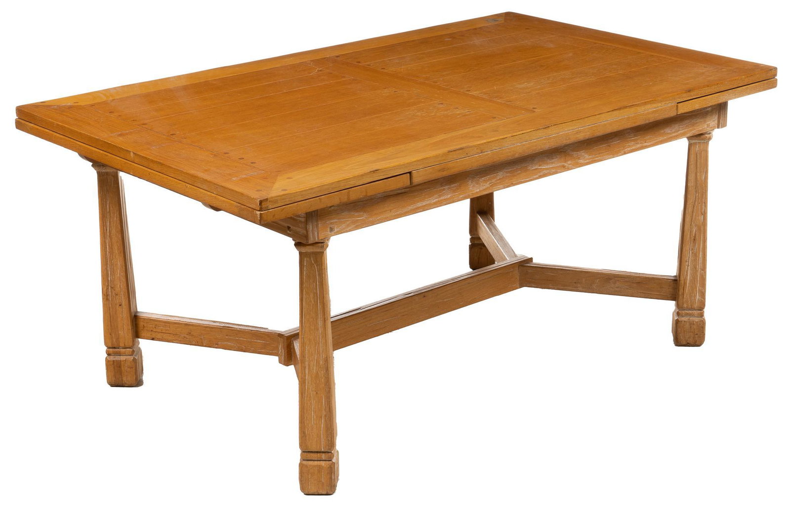 A. Brandt (Fort Worth, TX) Ranch Oak Extending Dining Table: A. Brandt (Fort Worth, Texas) Ranch Oak extending dining table, with rectangular top, draw leaves, supported on carved block legs, connected with Y stretcher, not marked height 30 in. x width 90.75 in