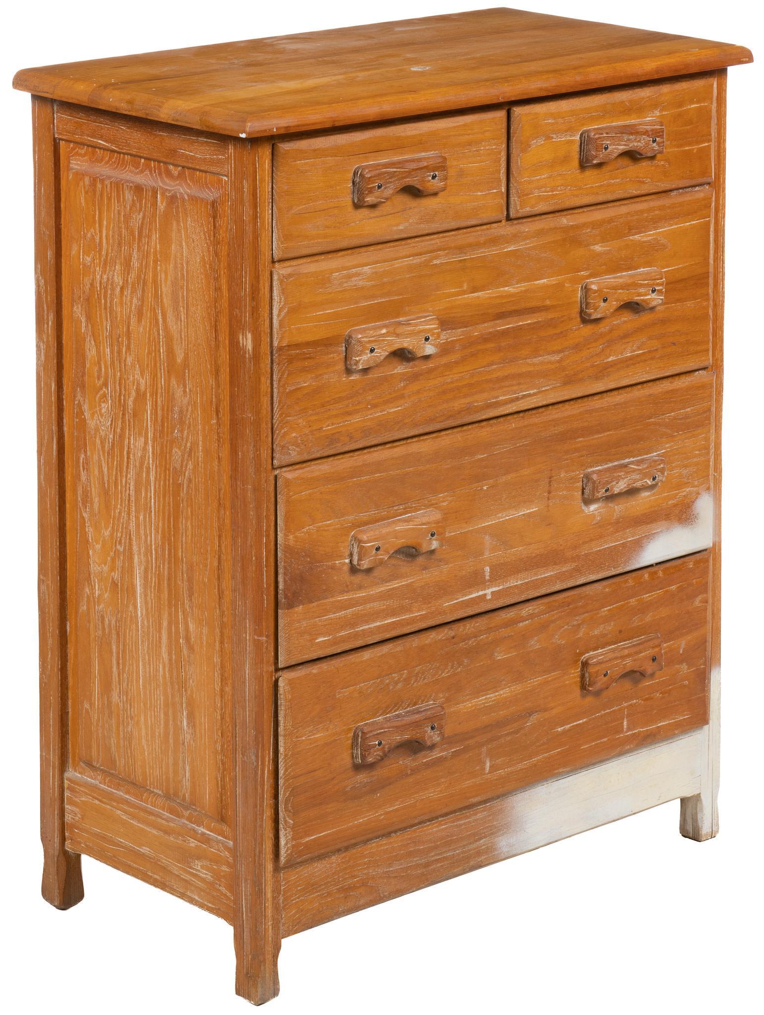 A. Brandt (Fort Worth, TX) Ranch Oak Chest of Drawers: A. Brandt (Fort Worth, Texas) Ranch Oak chest of drawers, with paint white paint remnants, rectangular top, over two drawers, three stacked drawers, all having carved handles with U shape bottoms, sup
