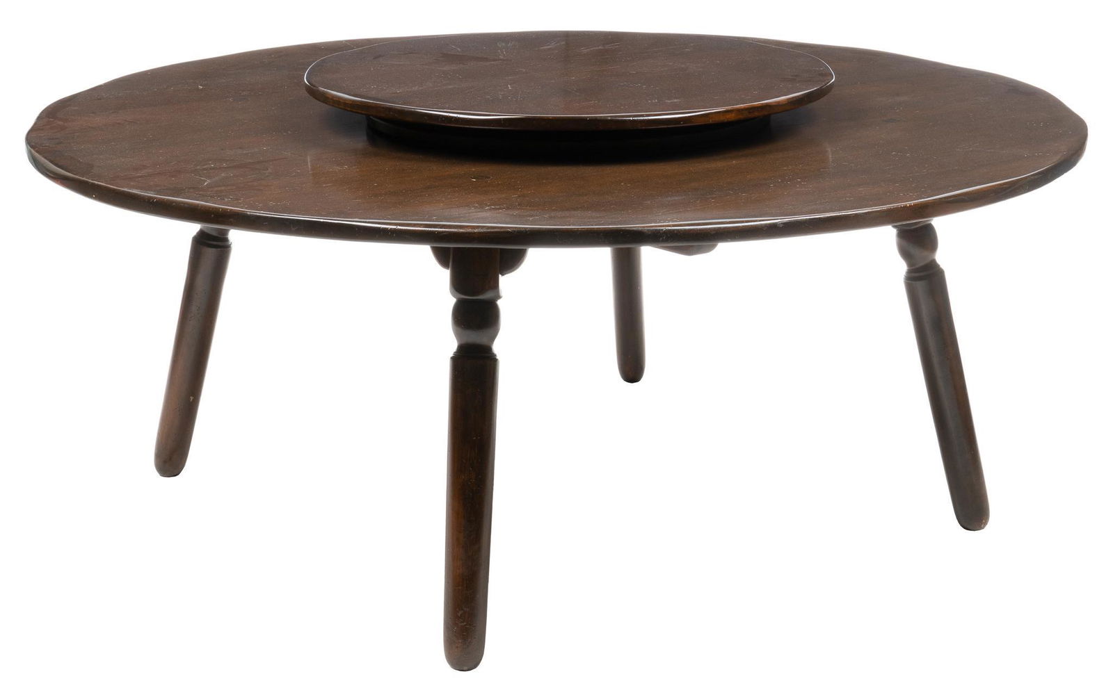 W.R. Dallas (San Antonio, TX) Dining Table: W.R. Dallas (San Antonio, Texas) dining table, with round saddle cut top, supporting Lazy Susan, rising on spoke legs, marked to underside of table height 32 in. x diameter 72 in. Provenance: A prom