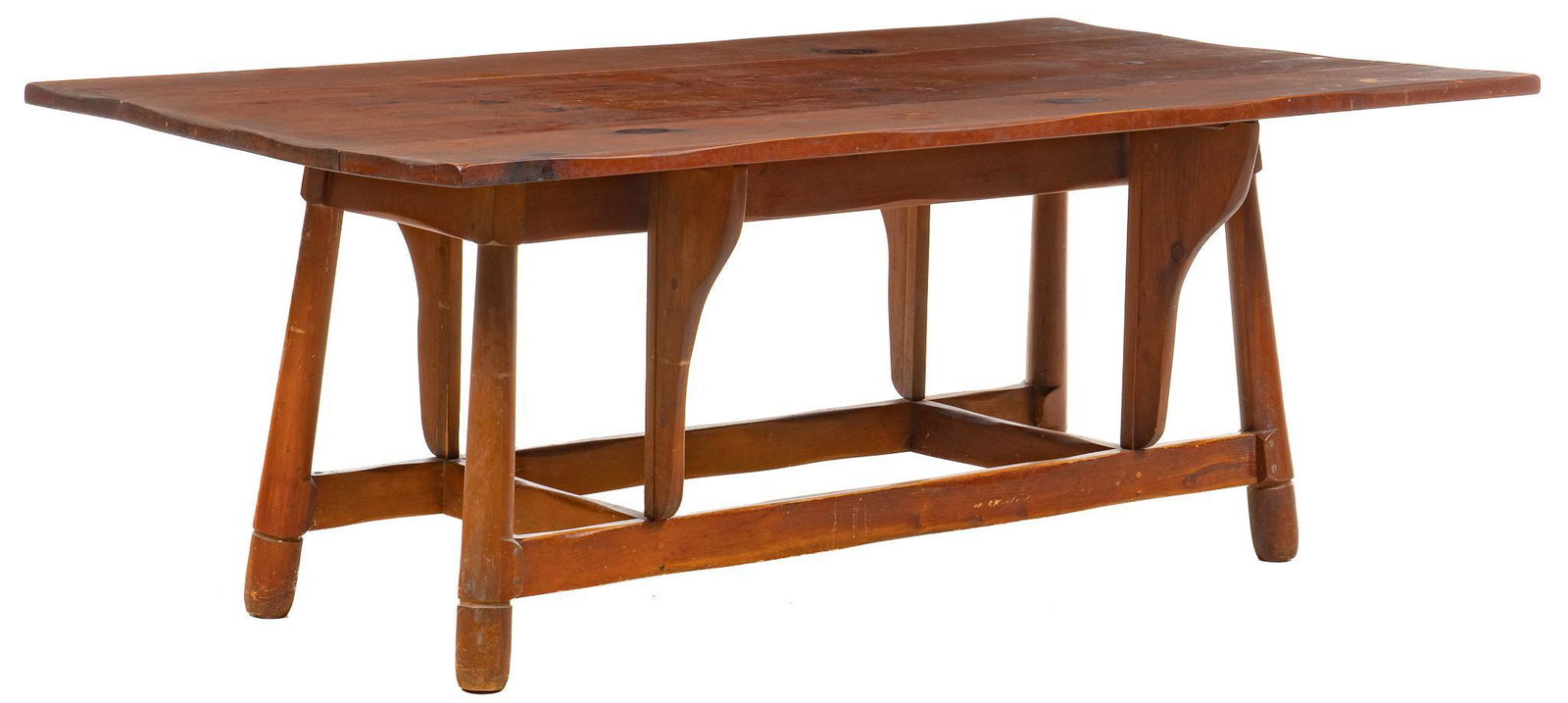 W.R. Dallas (San Antonio, TX) Drop Leaf Dining Table: W.R. Dallas (San Antonio, Texas) drop leaf dining table, rectangular table top with two lengthwise drop leafs, stretchered splayed legs, marked underneath height 29.5 in. x width 78 in. x depth 24 in