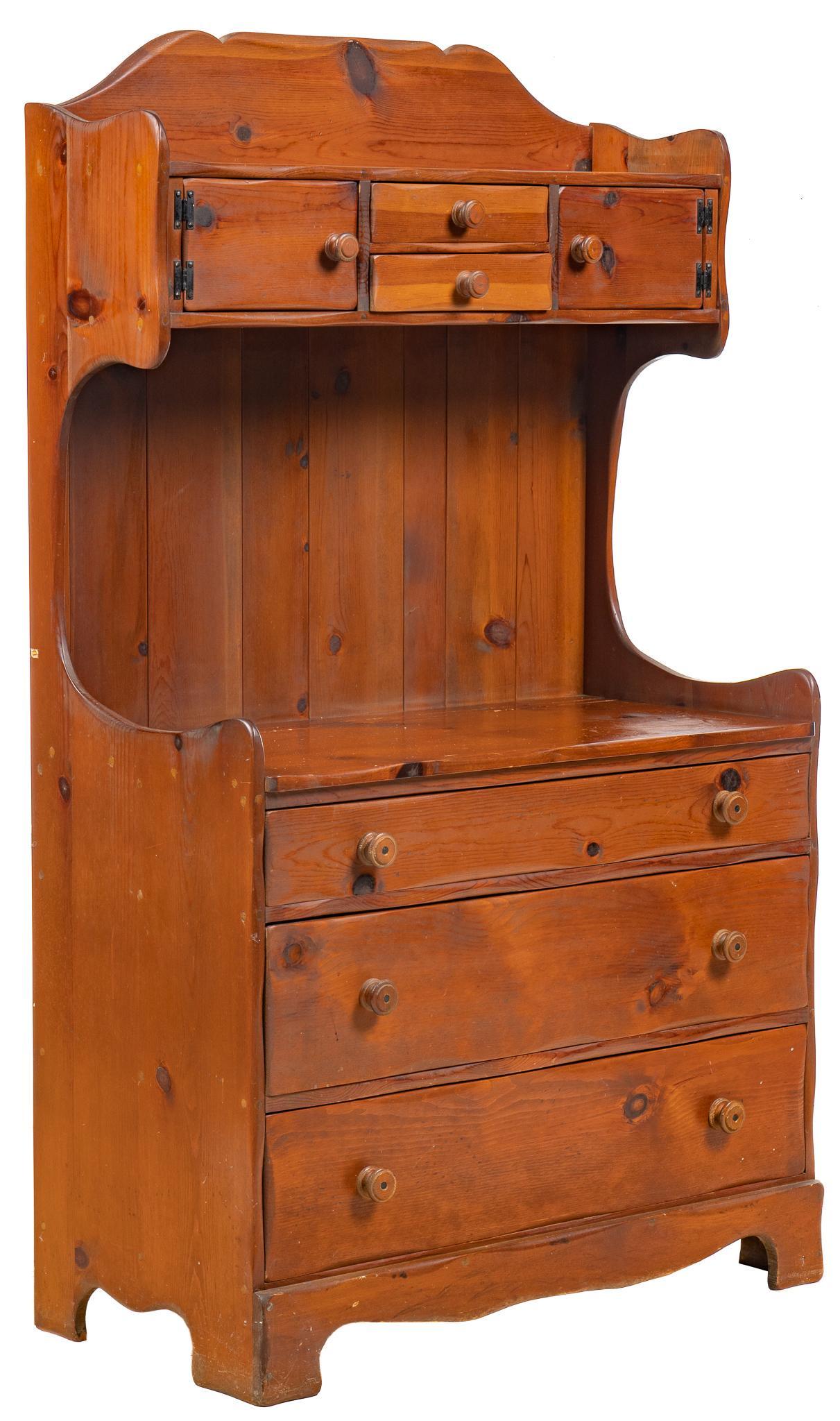 W.R. Dallas (San Antonio, TX) Hutch: W.R. Dallas (San Antonio, Texas) step back kitchen hutch, with top shelf above two small doors flanking two stacked small drawers, two grooves at back of hutch surface, three bottom drawers, bracket f