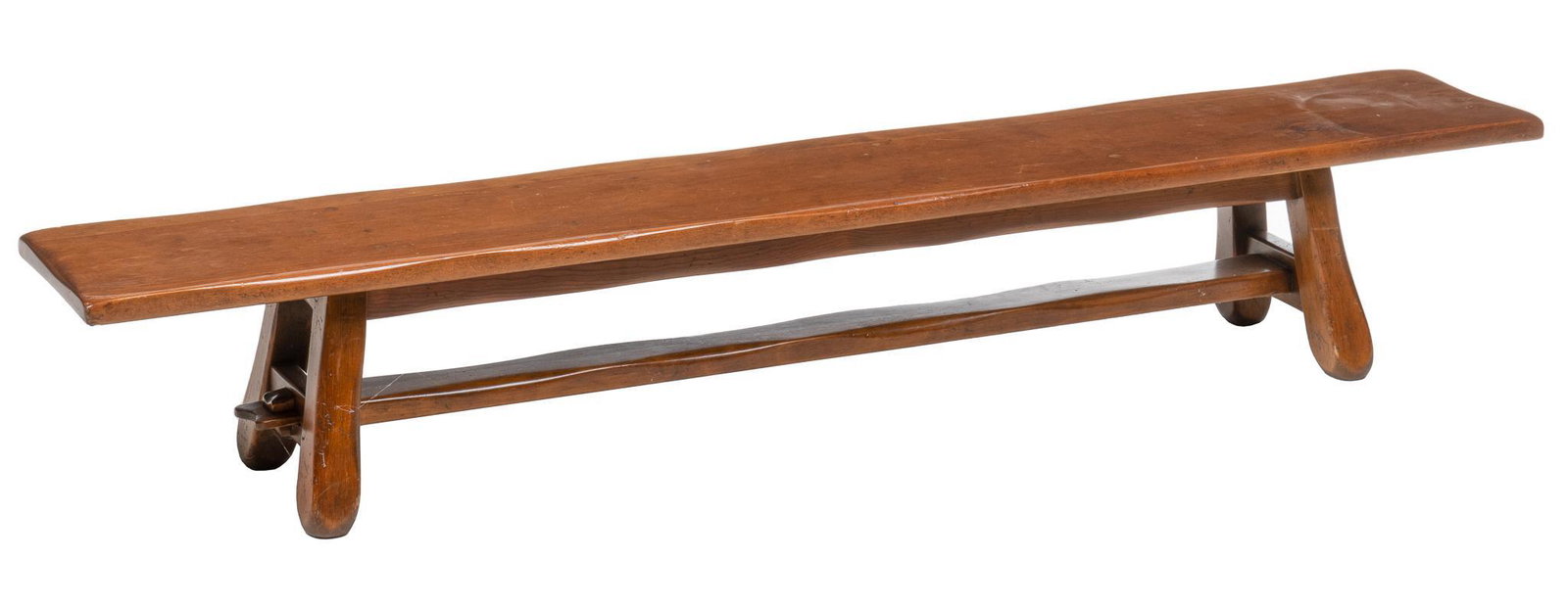 W.R. Dallas (San Antonio, TX) Trestle Bench: W.R. Dallas (San Antonio, Texas) bench, with long saddle cut seat, supported on splayed and trestle spoke legs, not marked height 12 in. x width 71.5 in. x depth 12 in. Provenance: A prominent Frederi