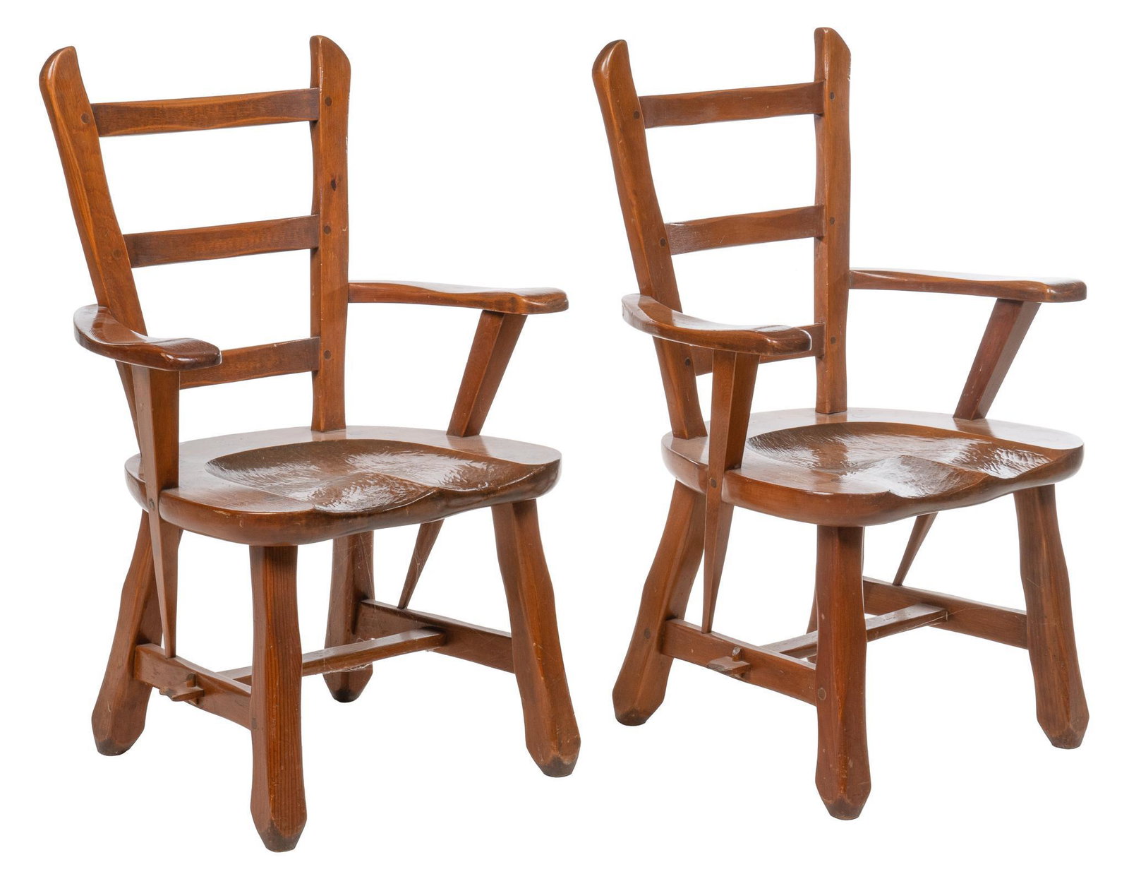 Pair of W.R. Dallas (San Antonio, TX) Chairs: Pair of W.R. Dallas (San Antonio, Texas) chairs, ladder back, curved arm rest with supports tapering down to a narrow points, molded seat, splayed legs with mortise and tenon stretchers, marked undern