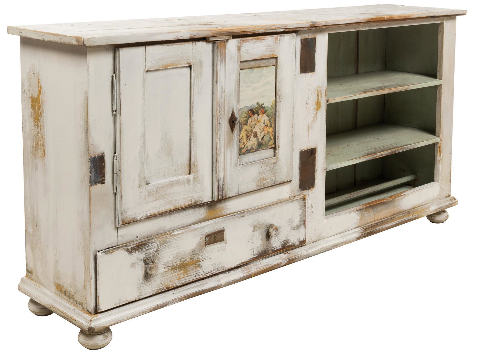 Rustic Sideboard: Rustic sideboard, with distressed white paint, metal banding, book matched cabinet doors, one featuring inlaid neoclassical print, over drawer, next to three shelves, lower shelf rod partition, includ