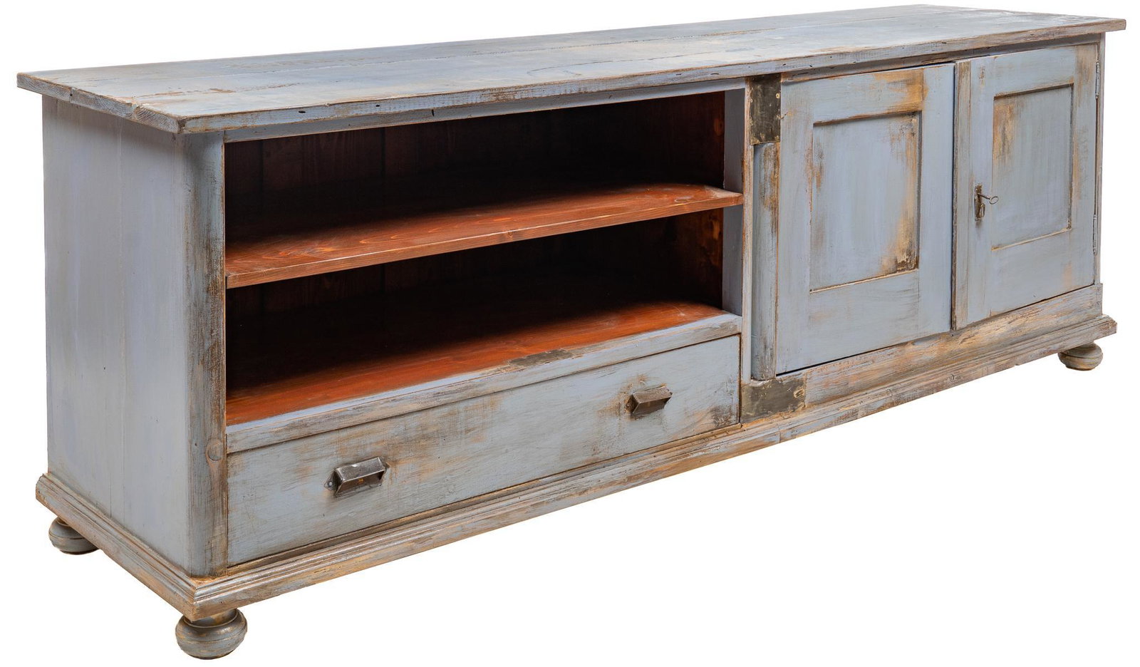 Rustic Sideboard: Rustic sideboard, with distressed blue paint, over cabinet doors, opening to interior storage, next to two storage shelves, above drawer, includes key height 33.5 in. x width 96.5 in. x depth 2.5 in. 
